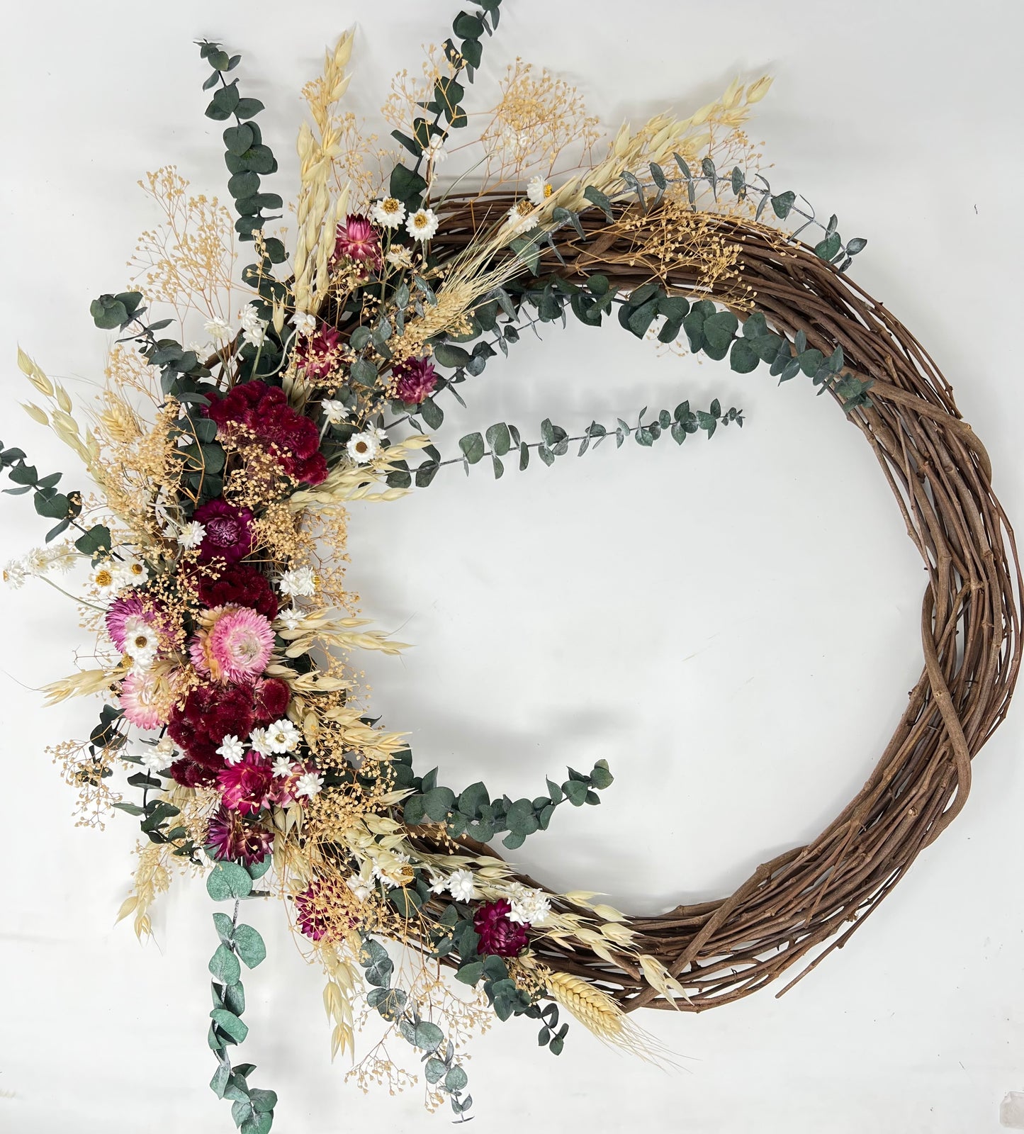 Dried Wreath, Eucalyptus, Coxcomb, Preserved Flower Wreath, Door Wreath, Wall Decoration, Pink Flowers, Greenery, Simple, Grapevine