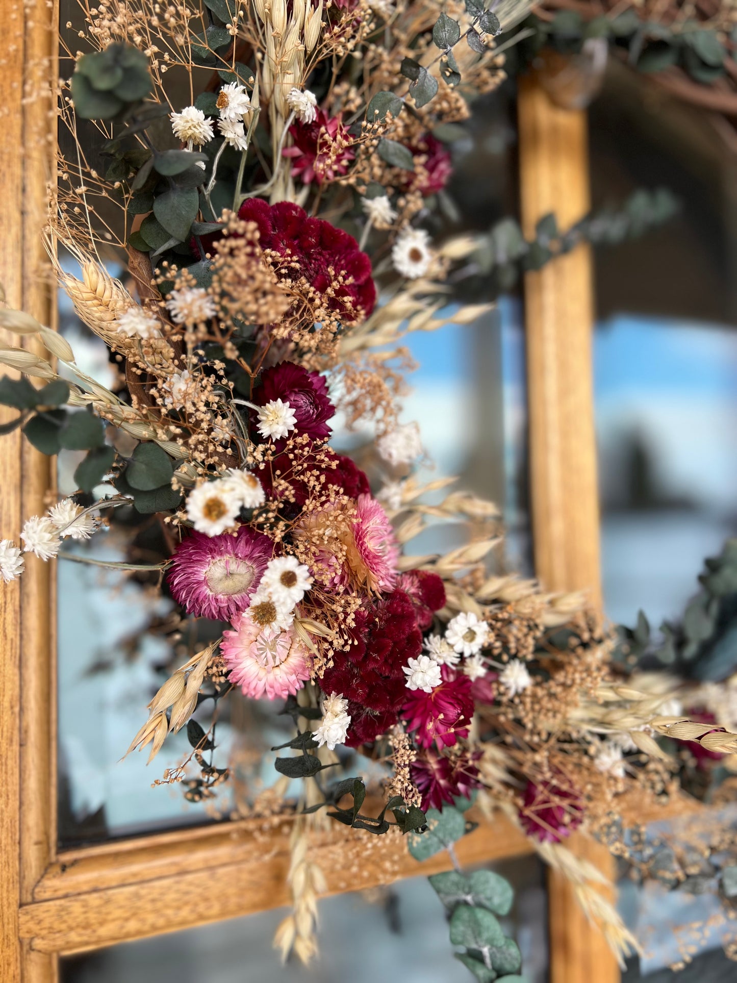 Dried Wreath, Eucalyptus, Coxcomb, Preserved Flower Wreath, Door Wreath, Wall Decoration, Pink Flowers, Greenery, Simple, Grapevine