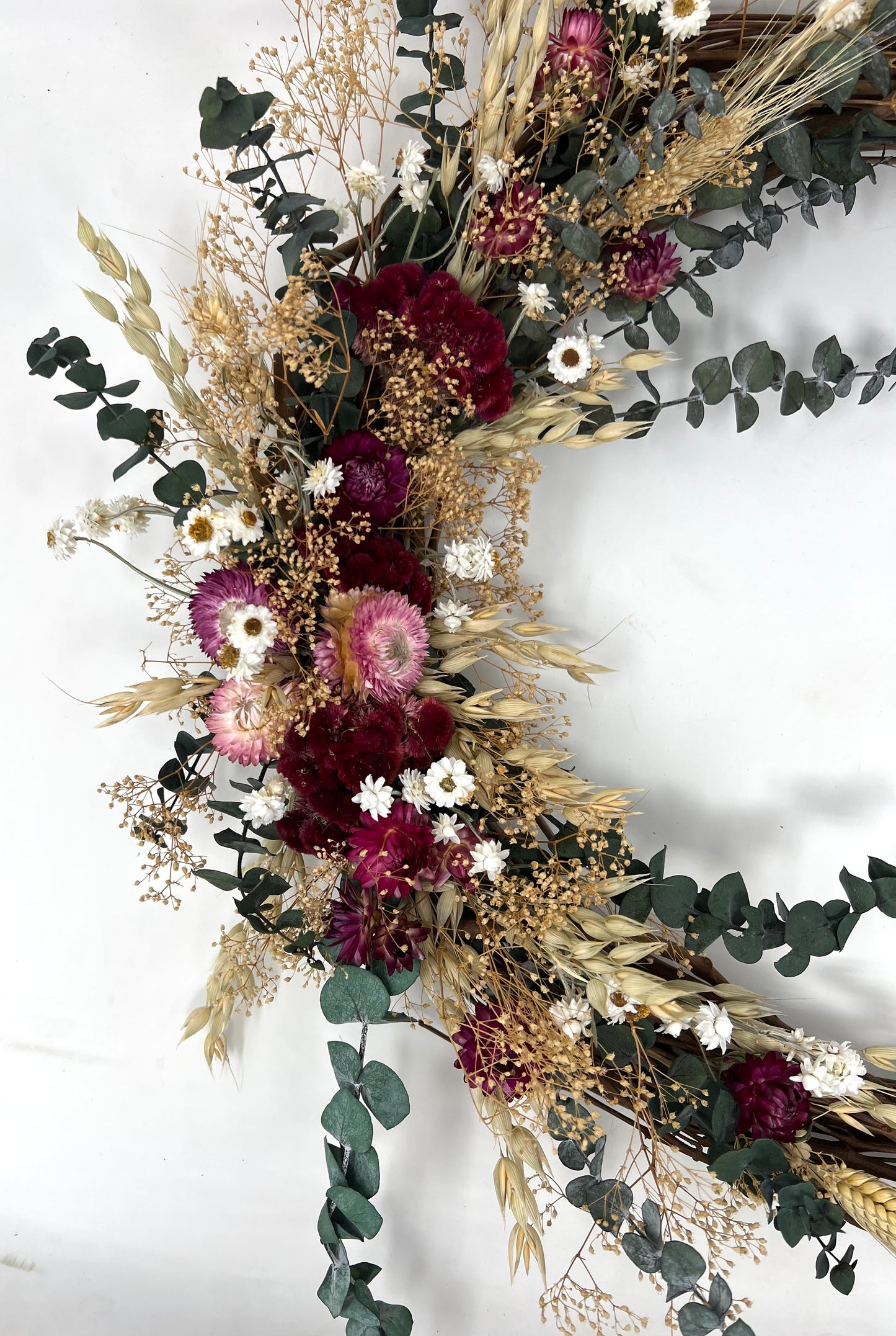 Dried Wreath, Eucalyptus, Coxcomb, Preserved Flower Wreath, Door Wreath, Wall Decoration, Pink Flowers, Greenery, Simple, Grapevine