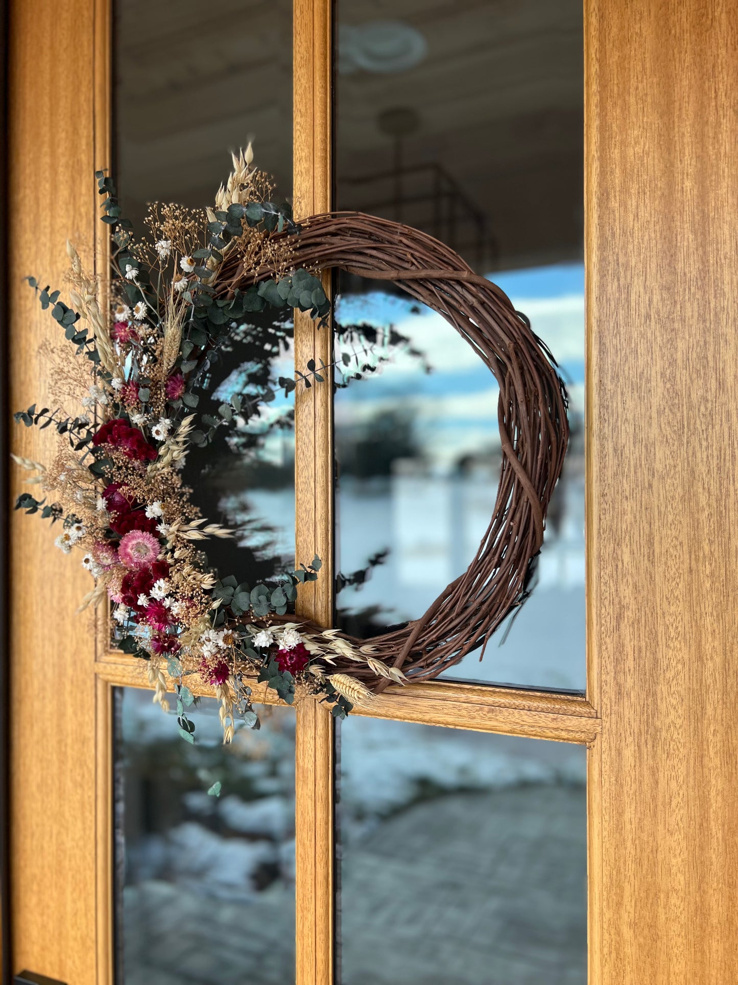 Dried Wreath, Eucalyptus, Coxcomb, Preserved Flower Wreath, Door Wreath, Wall Decoration, Pink Flowers, Greenery, Simple, Grapevine