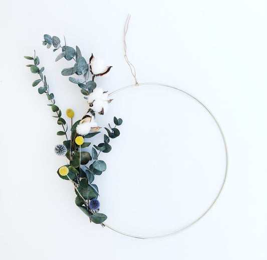Eucalyptus Wreath, Thin Ring Wreath, Gold, Green, Craspedia, Cotton, Front Door Wreath, Simple, Minimalistic, Outside, Outdoor, All season