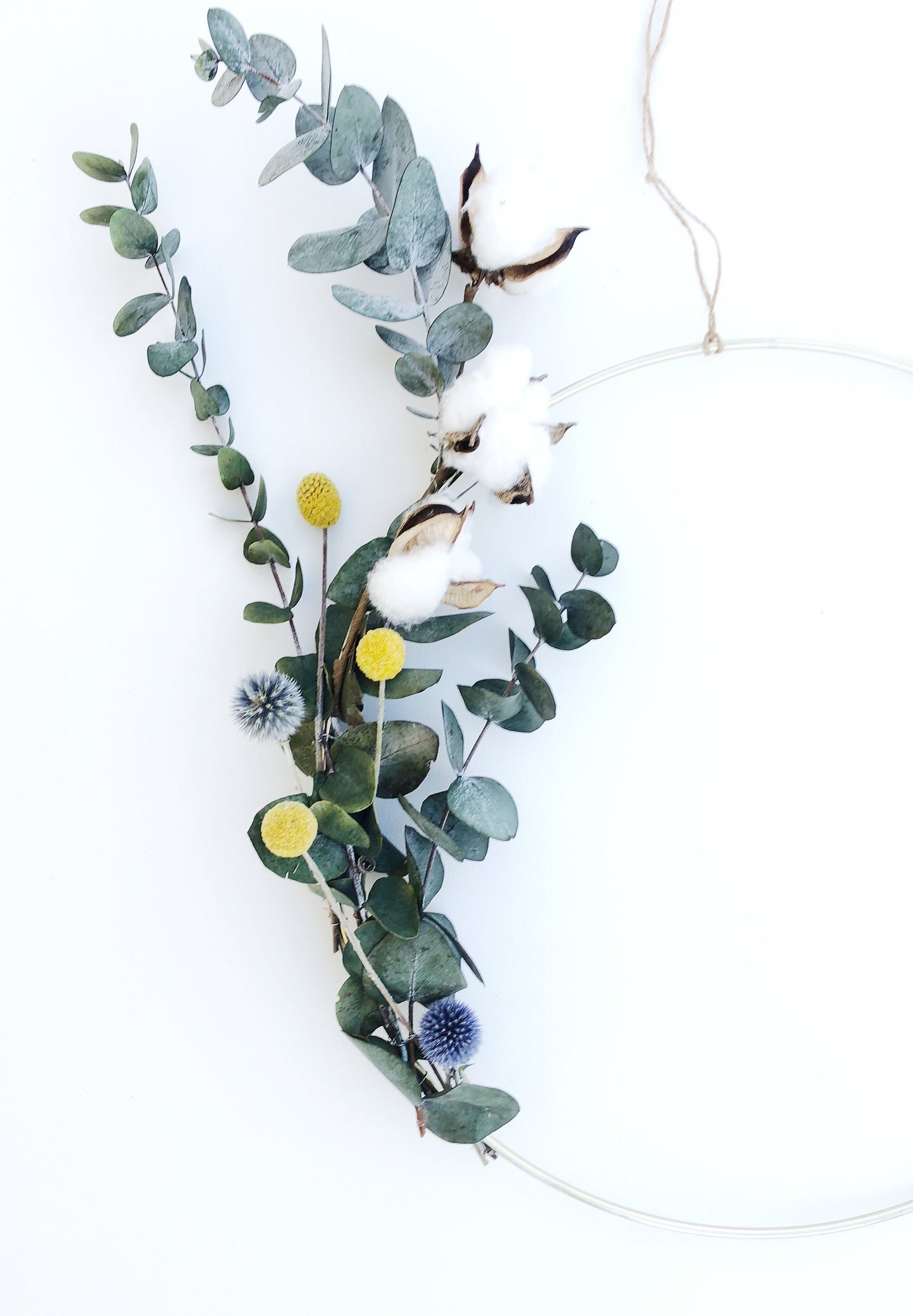 Eucalyptus Wreath, Thin Ring Wreath, Gold, Green, Craspedia, Cotton, Front Door Wreath, Simple, Minimalistic, Outside, Outdoor, All season