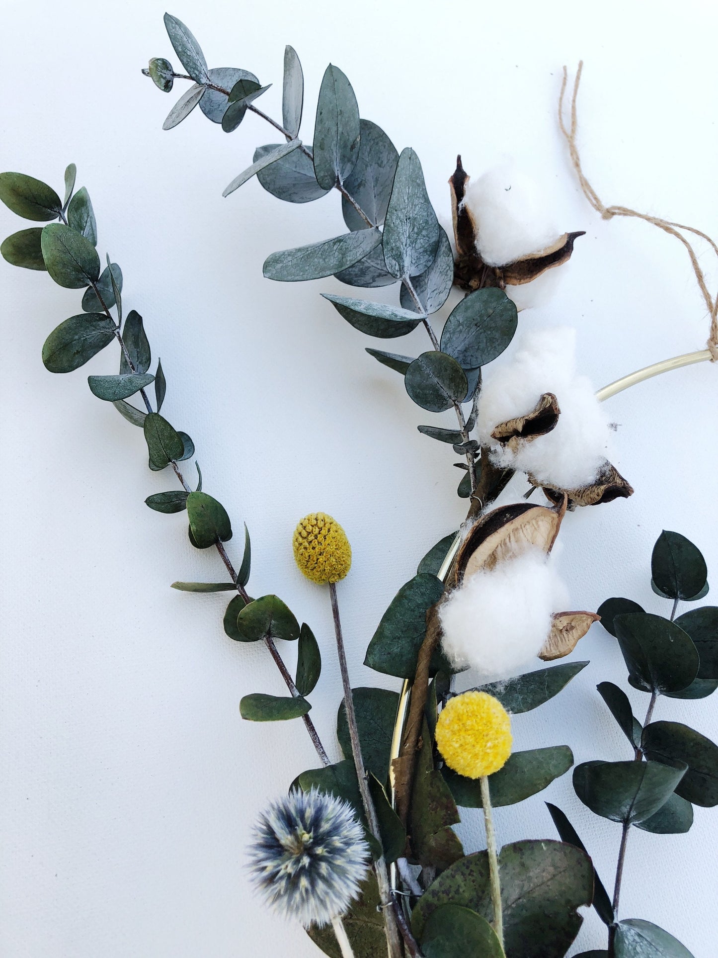 Eucalyptus Wreath, Thin Ring Wreath, Gold, Green, Craspedia, Cotton, Front Door Wreath, Simple, Minimalistic, Outside, Outdoor, All season