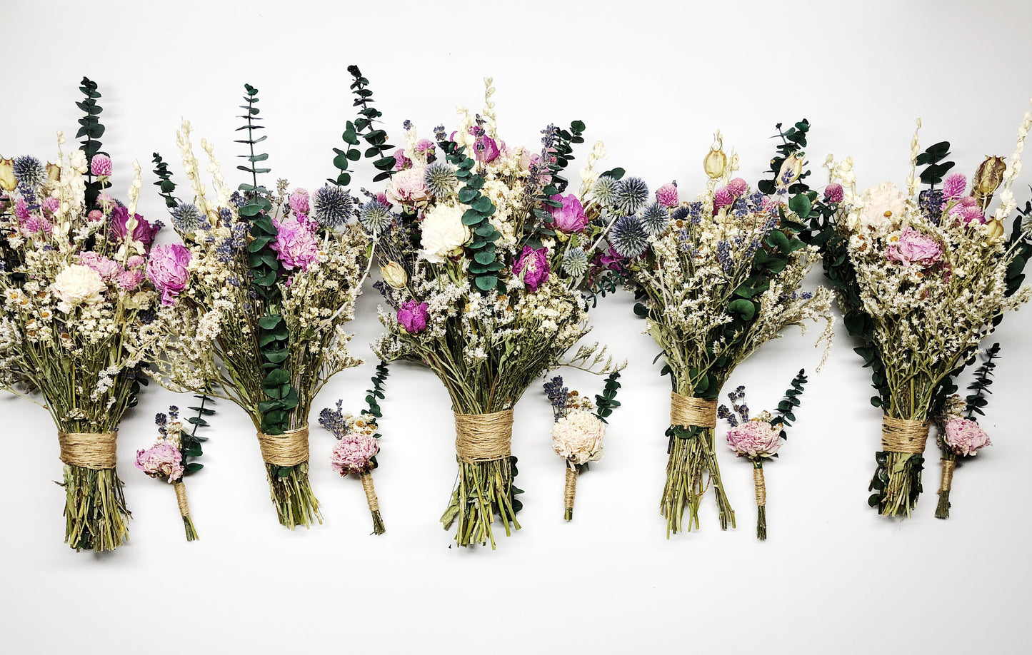 Wedding bouquets, Peonies, Globe Thistles, Eucalyptus, German Status Pink Peony Blue White Preserved Dried lavender bridal bouquet