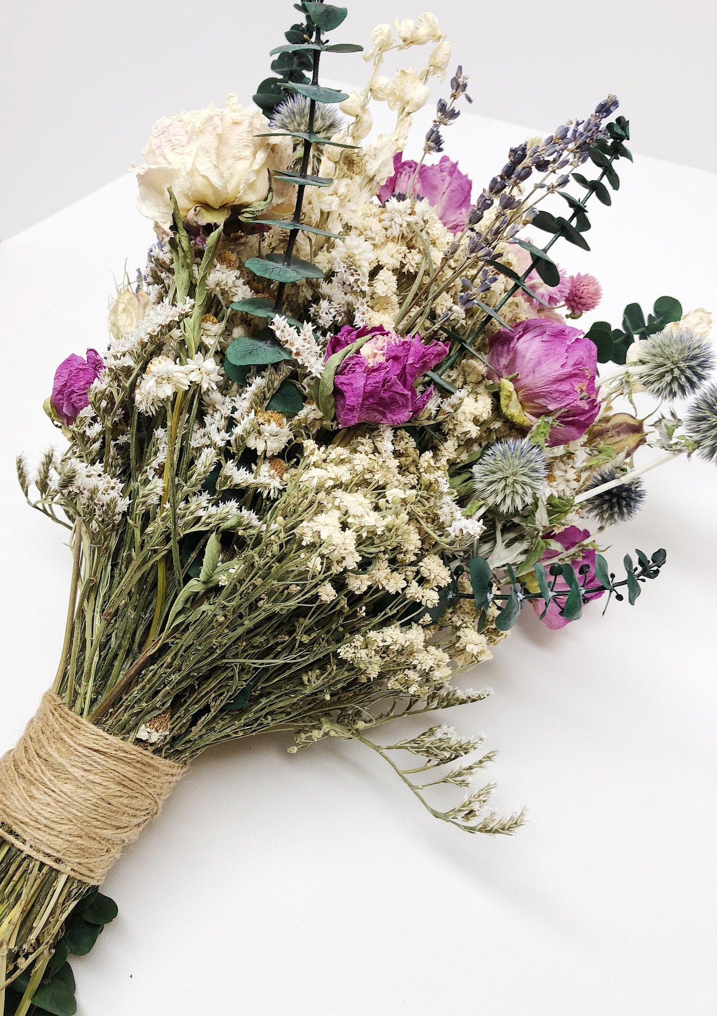 Wedding bouquets, Peonies, Globe Thistles, Eucalyptus, German Status Pink Peony Blue White Preserved Dried lavender bridal bouquet