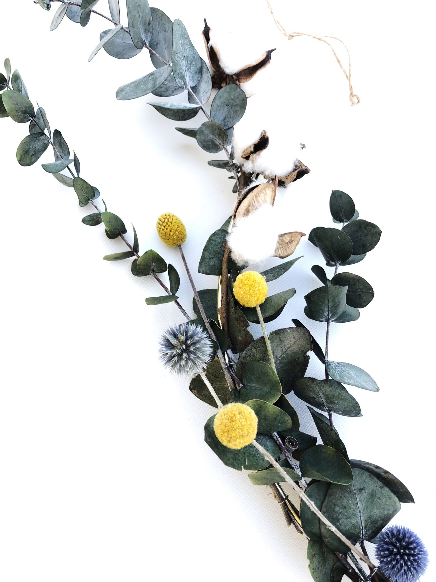 Eucalyptus Wreath, Thin Ring Wreath, Gold, Green, Craspedia, Cotton, Front Door Wreath, Simple, Minimalistic, Outside, Outdoor, All season