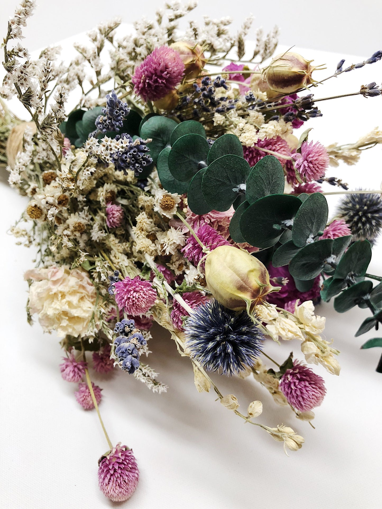 Wedding bouquets, Peonies, Globe Thistles, Eucalyptus, German Status Pink Peony Blue White Preserved Dried lavender bridal bouquet