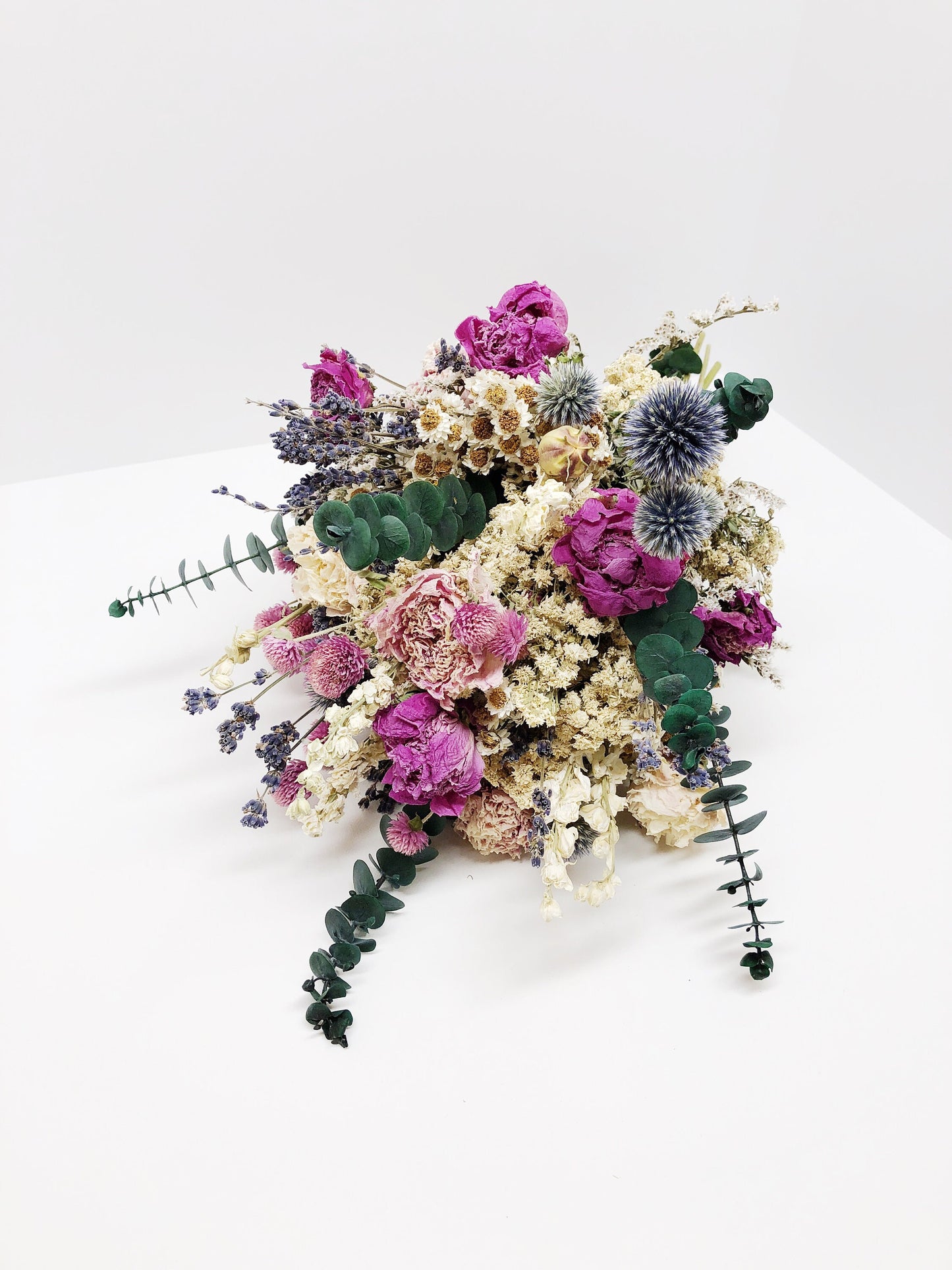 Wedding bouquets, Peonies, Globe Thistles, Eucalyptus, German Status Pink Peony Blue White Preserved Dried lavender bridal bouquet