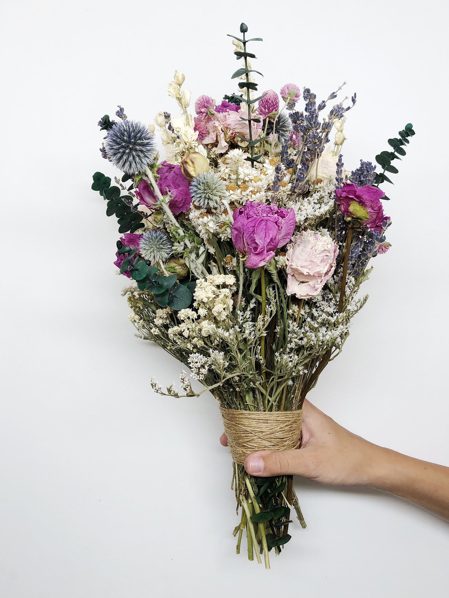 Wedding bouquets, Peonies, Globe Thistles, Eucalyptus, German Status Pink Peony Blue White Preserved Dried lavender bridal bouquet