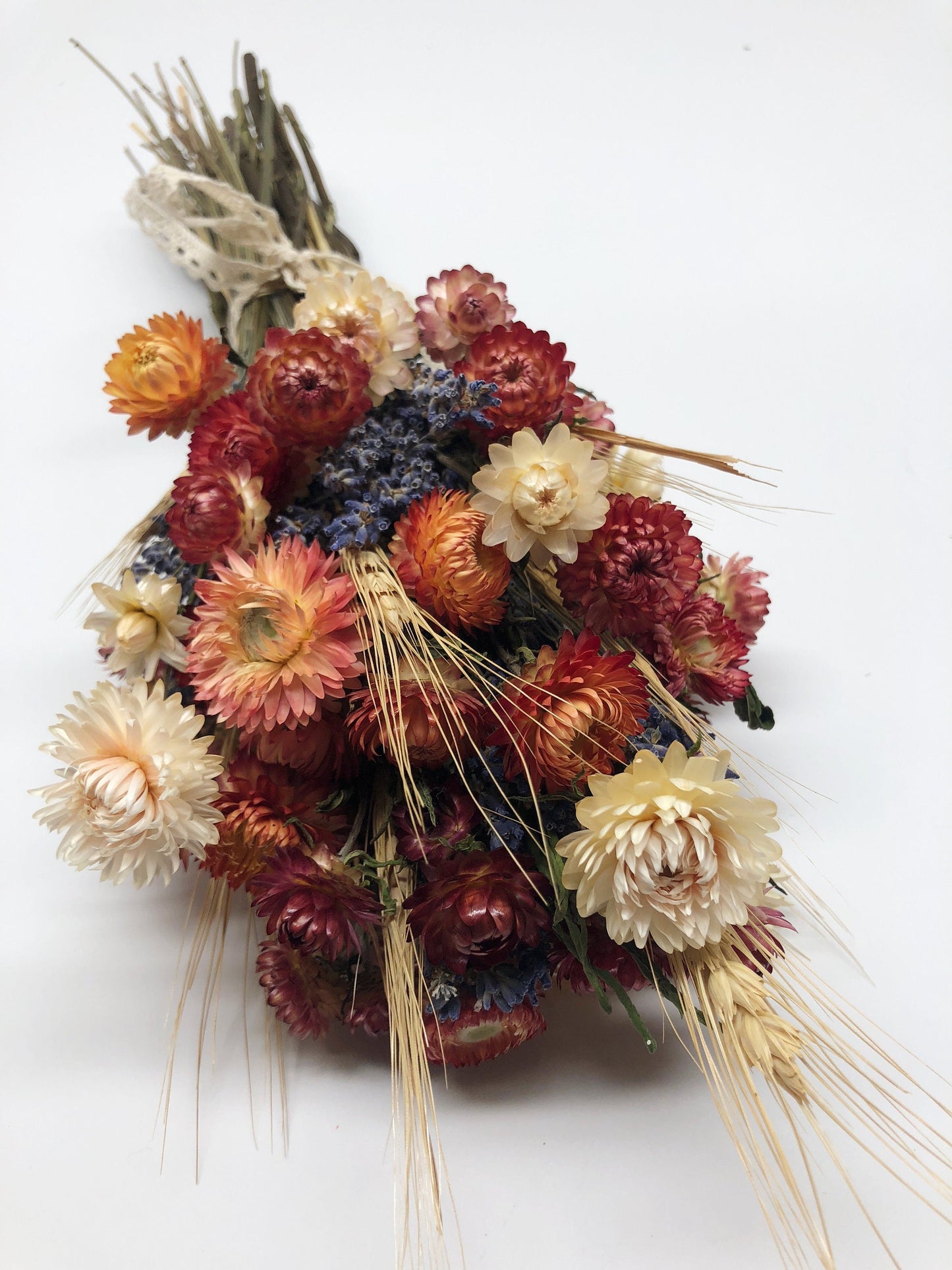 Floral Bouquet, Preserved Flower, Wedding, Anniversary gift, Fire Red Strawflower, White Strawflower, Lavender, Blonde Wheat, Gift