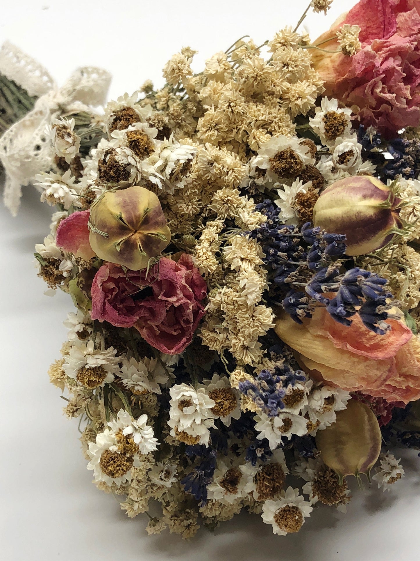 Floral Bouquet, Spring Collection, Wedding Flowers, Short Ammobium, Achillea of Pearl, Lavender, Nigella, Orange Peony, Red Peony