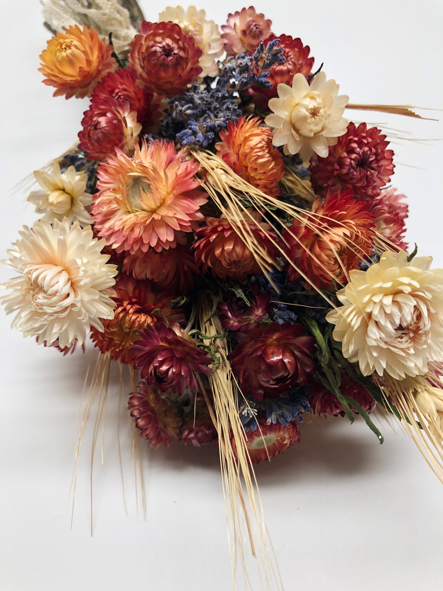 Floral Bouquet, Preserved Flower, Wedding, Anniversary gift, Fire Red Strawflower, White Strawflower, Lavender, Blonde Wheat, Gift