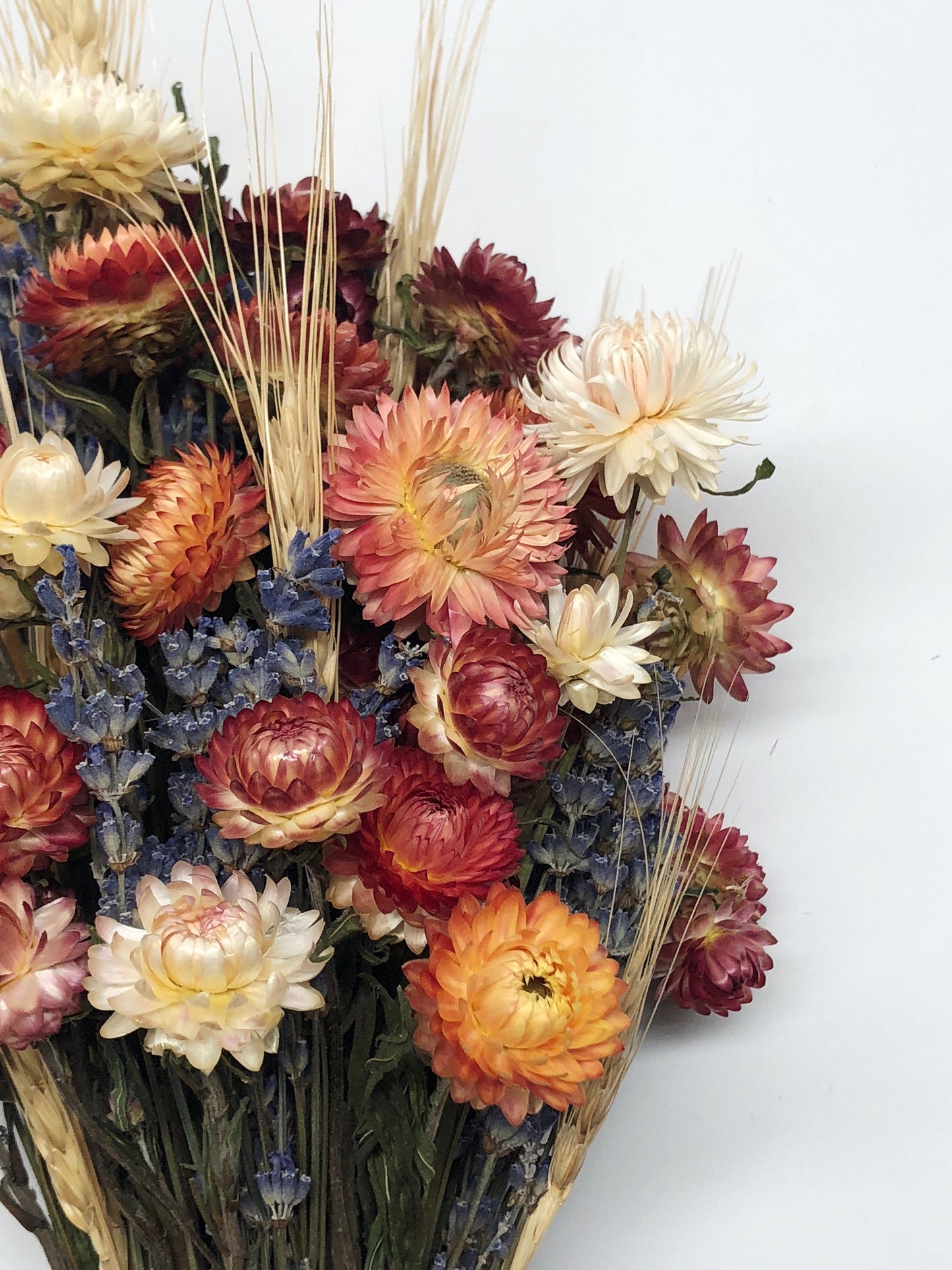 Floral Bouquet, Preserved Flower, Wedding, Anniversary gift, Fire Red Strawflower, White Strawflower, Lavender, Blonde Wheat, Gift