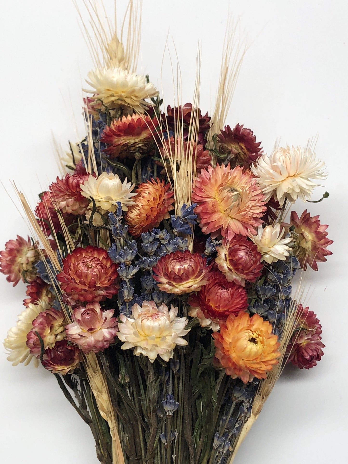 Floral Bouquet, Preserved Flower, Wedding, Anniversary gift, Fire Red Strawflower, White Strawflower, Lavender, Blonde Wheat, Gift