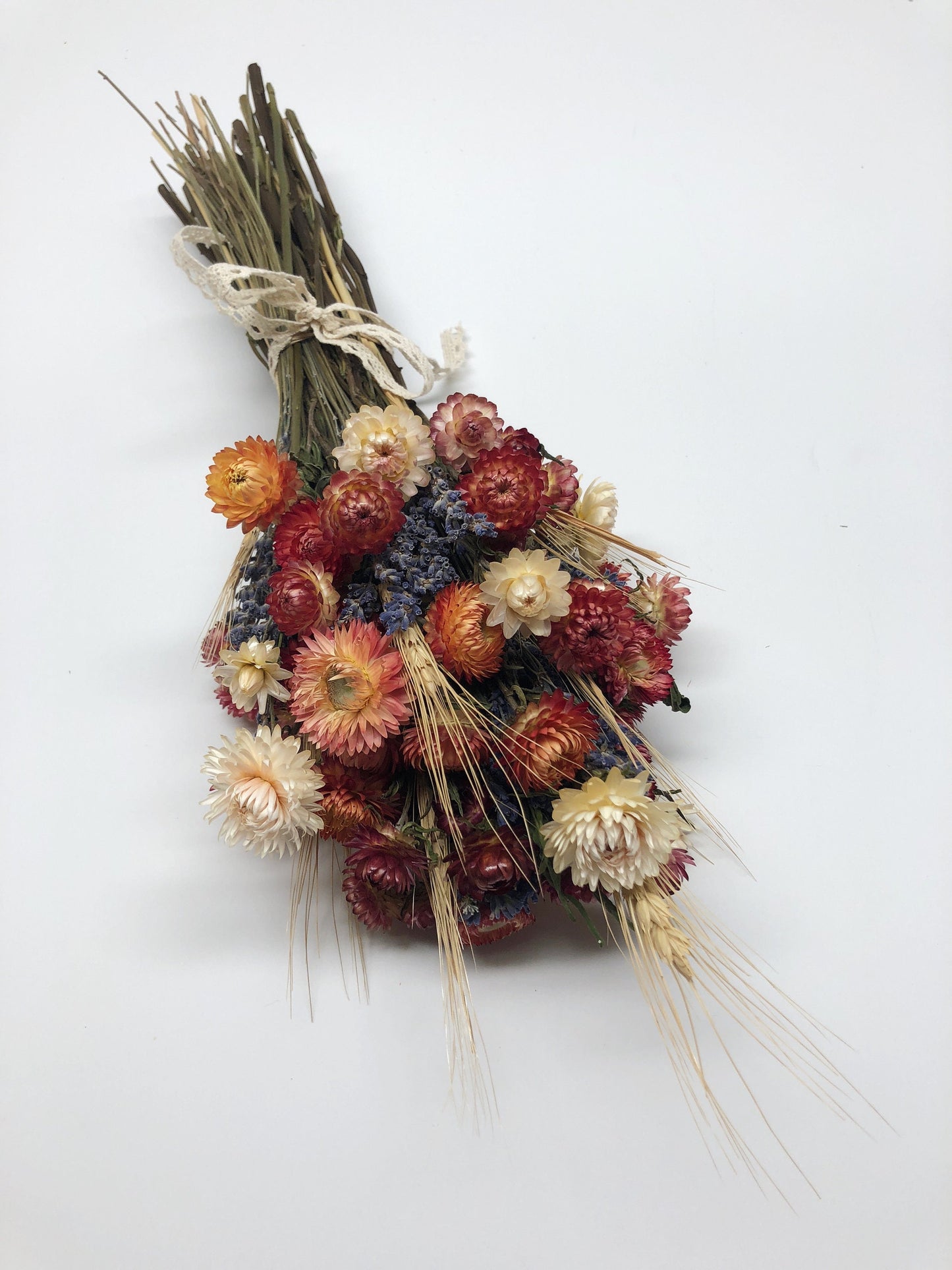 Floral Bouquet, Preserved Flower, Wedding, Anniversary gift, Fire Red Strawflower, White Strawflower, Lavender, Blonde Wheat, Gift