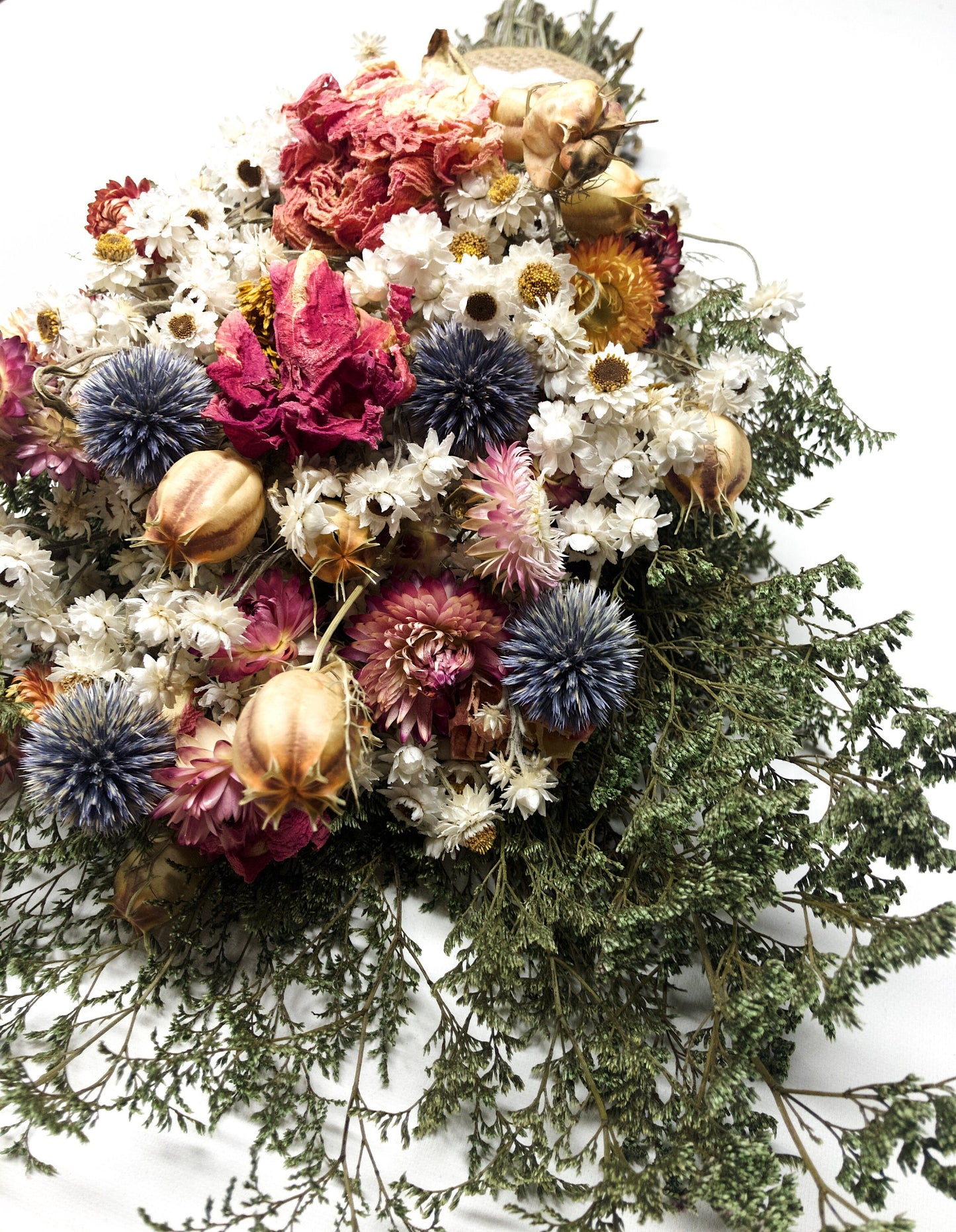 Wedding Bouquet, Dried Flowers, Preserved Floral, Bridal, Peonies, Strawflowers, Globe Thistles, Ammobium, Caspia, Nigella