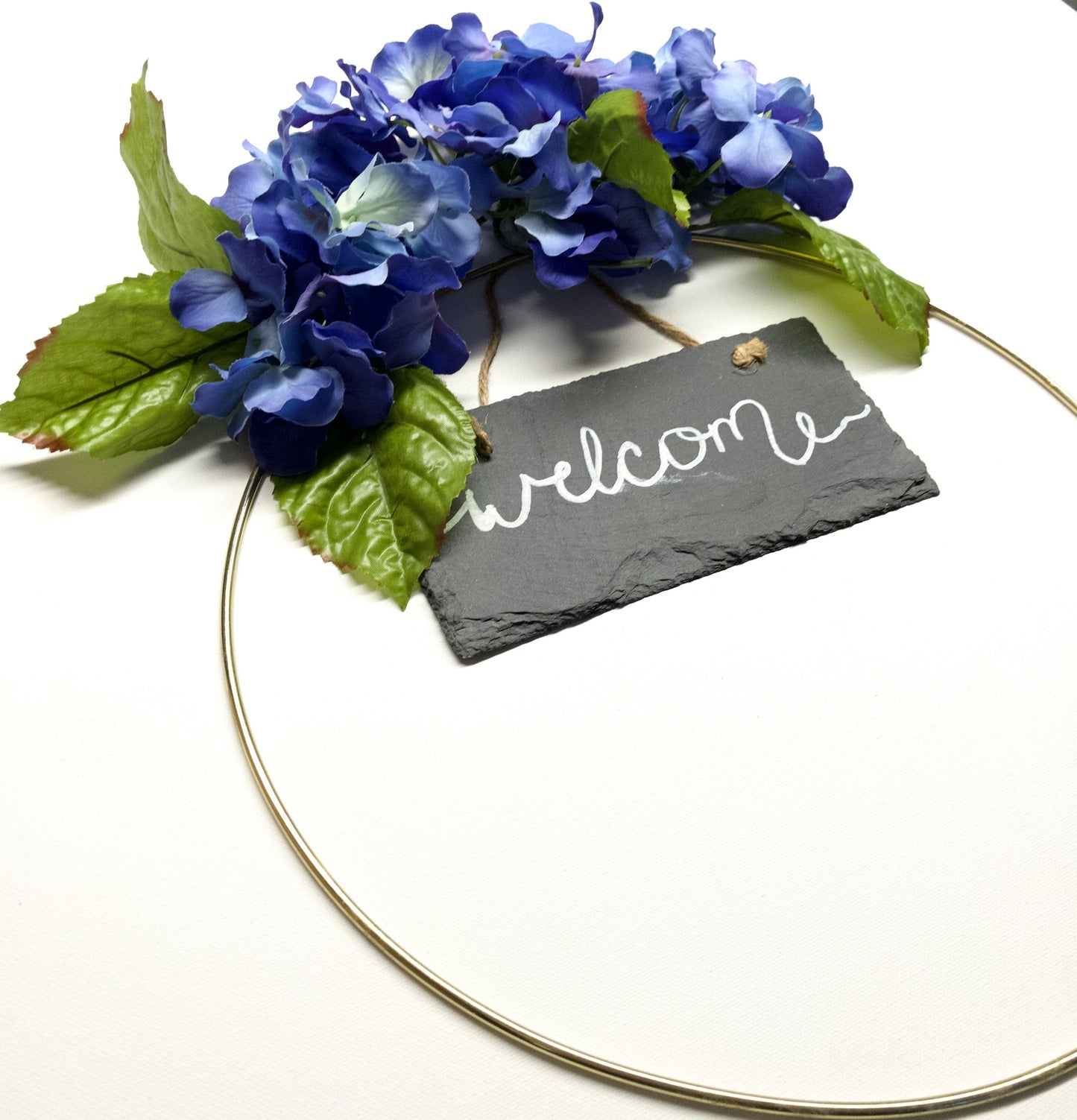 Metal Ring Wreath Blue Hydrangea, #106, Blue Flowers, Welcome Sign, Blackboard, Hoop, Spring, Summer, Wall, Nursery, Indoor, Door, Modern