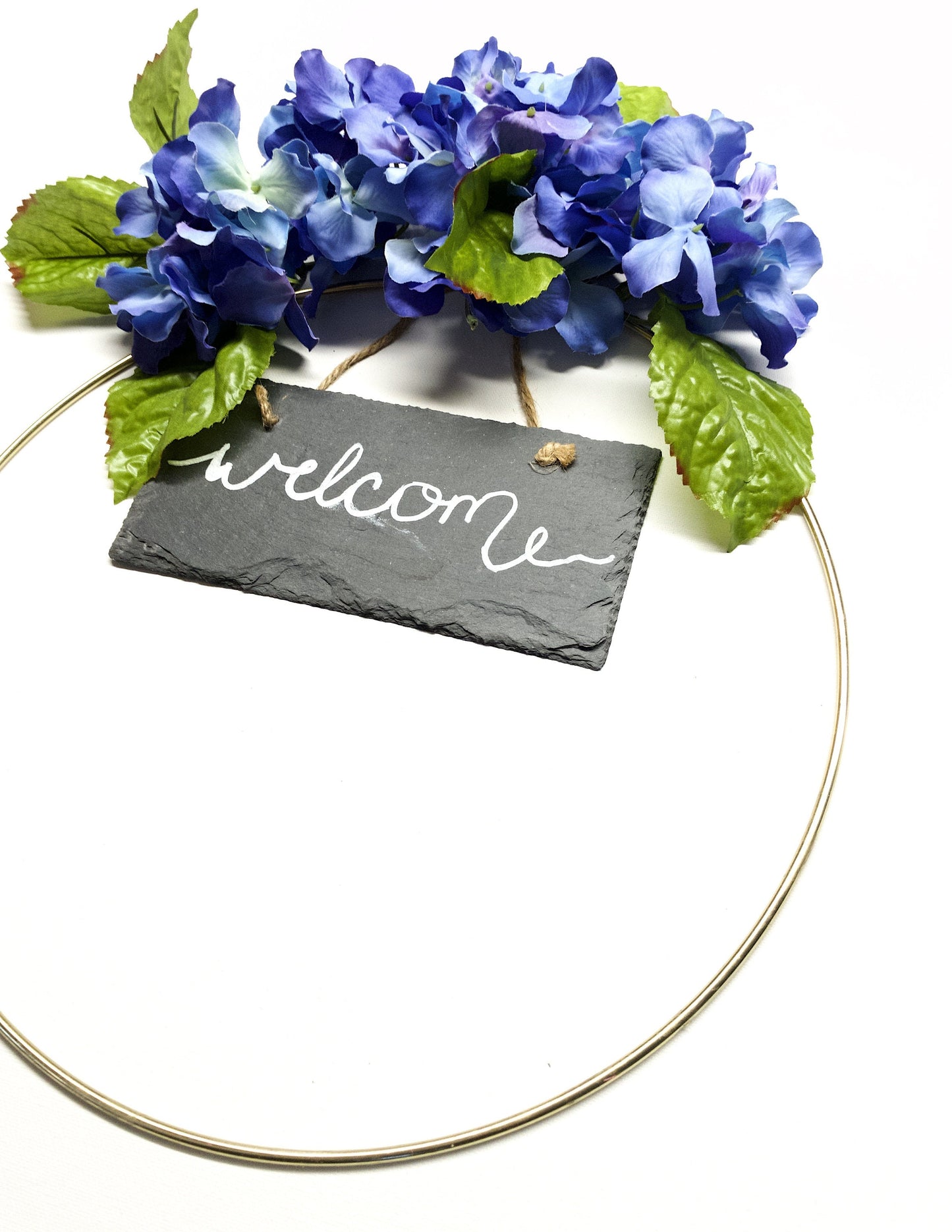 Metal Ring Wreath Blue Hydrangea, #106, Blue Flowers, Welcome Sign, Blackboard, Hoop, Spring, Summer, Wall, Nursery, Indoor, Door, Modern