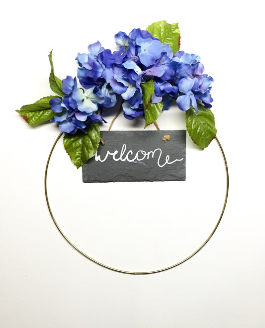 Metal Ring Wreath Blue Hydrangea, #106, Blue Flowers, Welcome Sign, Blackboard, Hoop, Spring, Summer, Wall, Nursery, Indoor, Door, Modern