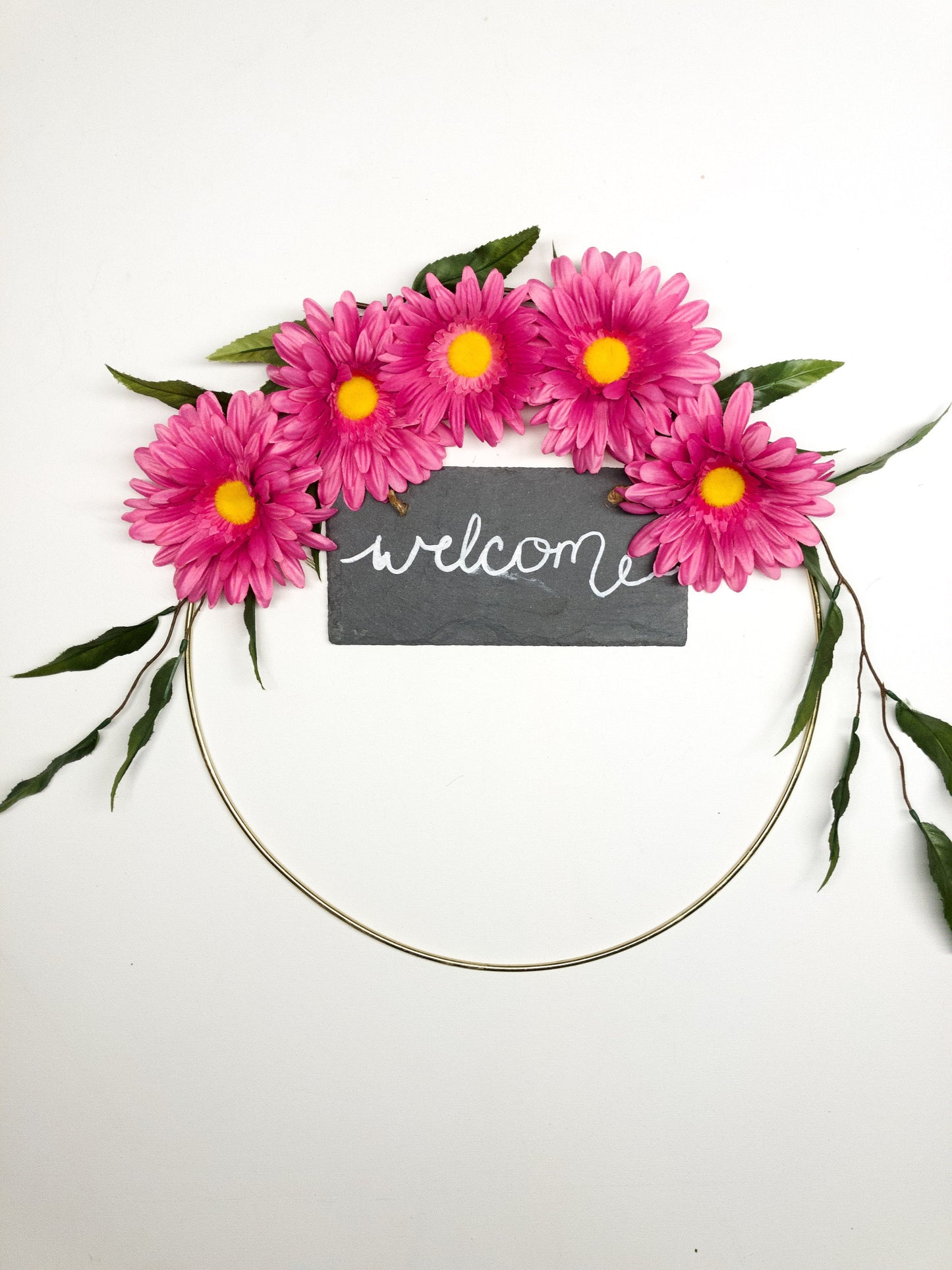 Metal Ring Wreath, Daisy, #107, Pink Daisies, Welcome Sign, Simple, Summer, Spring, Wall, Door, Nursery, Modern. Small, Indoor, Gold Natural