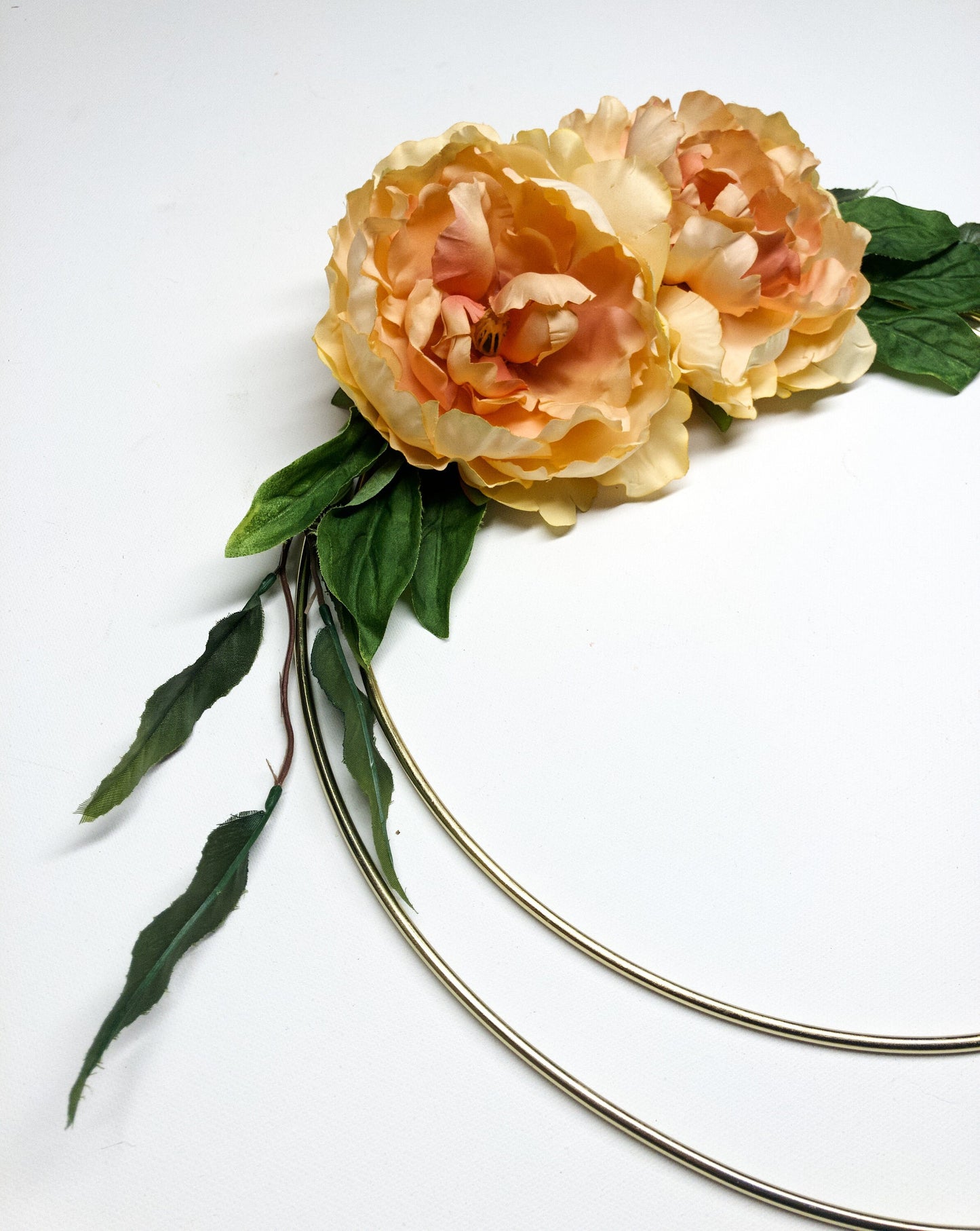Metal Ring Wreath, Double Hoop, #110, Peach Peony, Green, Simple, Wall, Nursery, Natural, Modern, Small, Indoor, Summer, Spring, Door, Gold