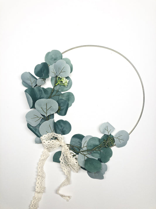 Metal Ring Wreath, Silver Dollar Eucalyptus Hoop, Metal Gold, Wall, Nursery, Small, Modern, Indoor, Green, Blue, Inside, Floral, Farmhouse