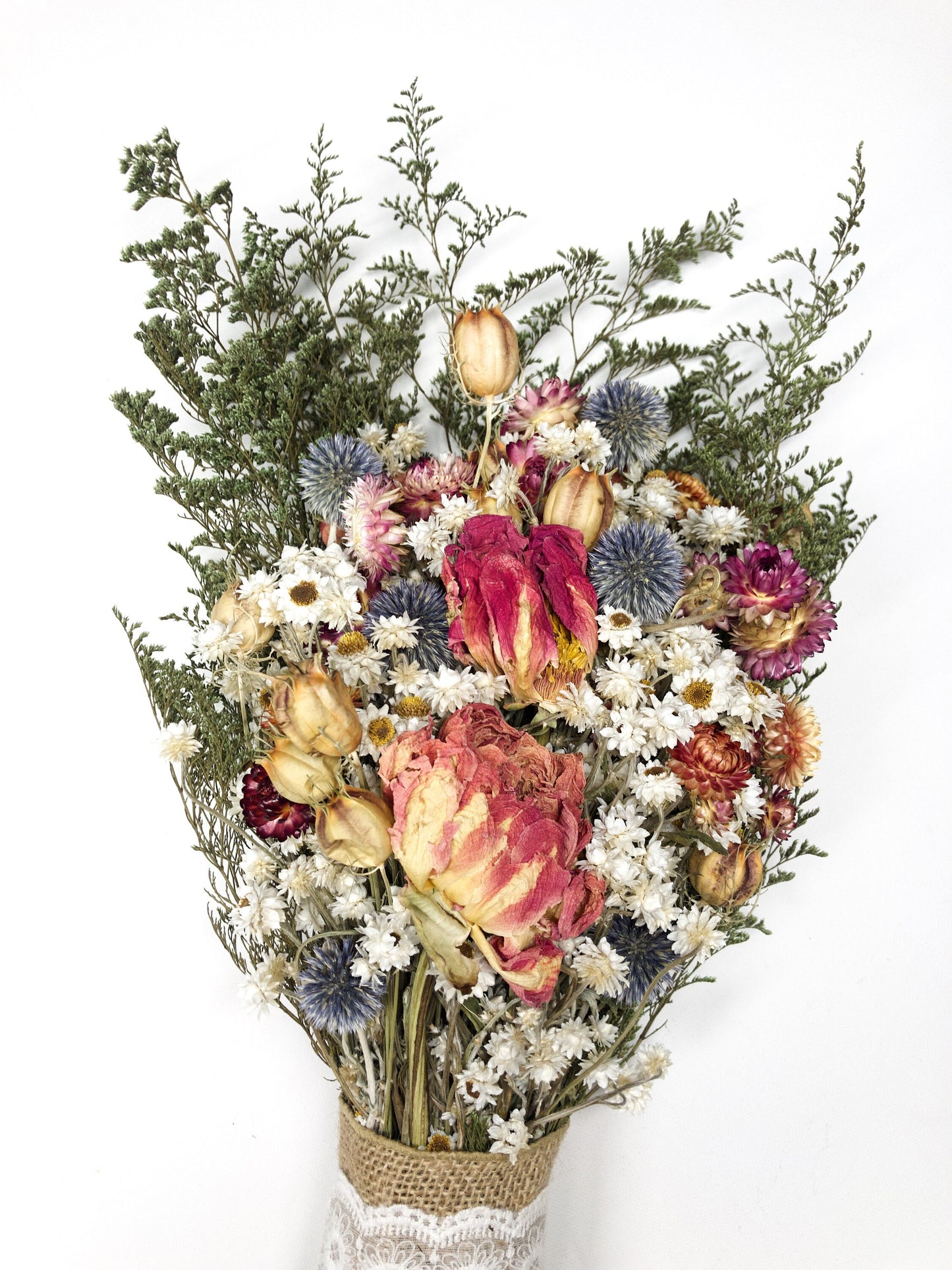 Wedding Bouquet, Dried Flowers, Preserved Floral, Bridal, Peonies, Strawflowers, Globe Thistles, Ammobium, Caspia, Nigella