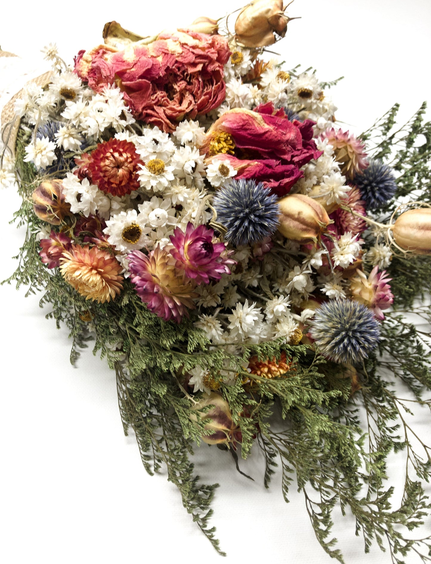 Wedding Bouquet, Dried Flowers, Preserved Floral, Bridal, Peonies, Strawflowers, Globe Thistles, Ammobium, Caspia, Nigella