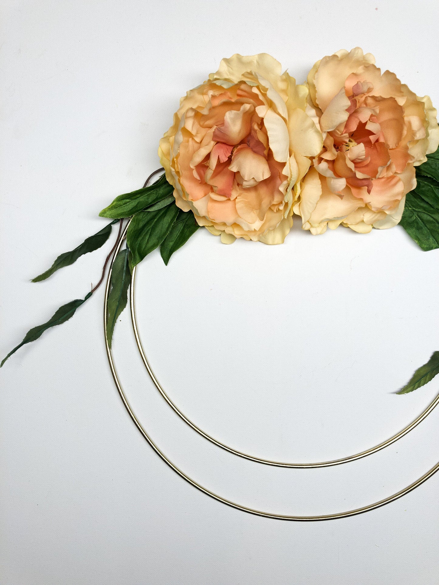Metal Ring Wreath, Double Hoop, #110, Peach Peony, Green, Simple, Wall, Nursery, Natural, Modern, Small, Indoor, Summer, Spring, Door, Gold