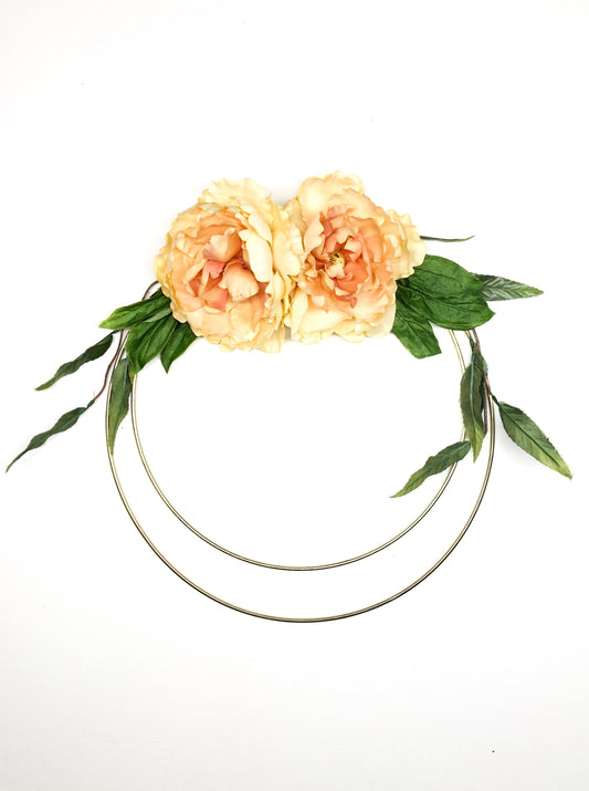 Metal Ring Wreath, Double Hoop, #110, Peach Peony, Green, Simple, Wall, Nursery, Natural, Modern, Small, Indoor, Summer, Spring, Door, Gold