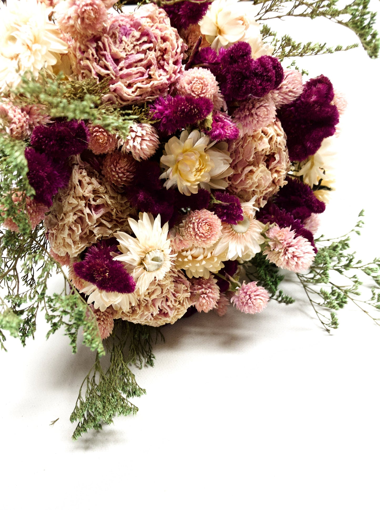 Floral Bouquet, Preserved Flower, Gift, Wedding , Anniversary gift, Coxcomb, Caspia, Strawflower, Amaranth, Peony, Pink, Green, Bridal