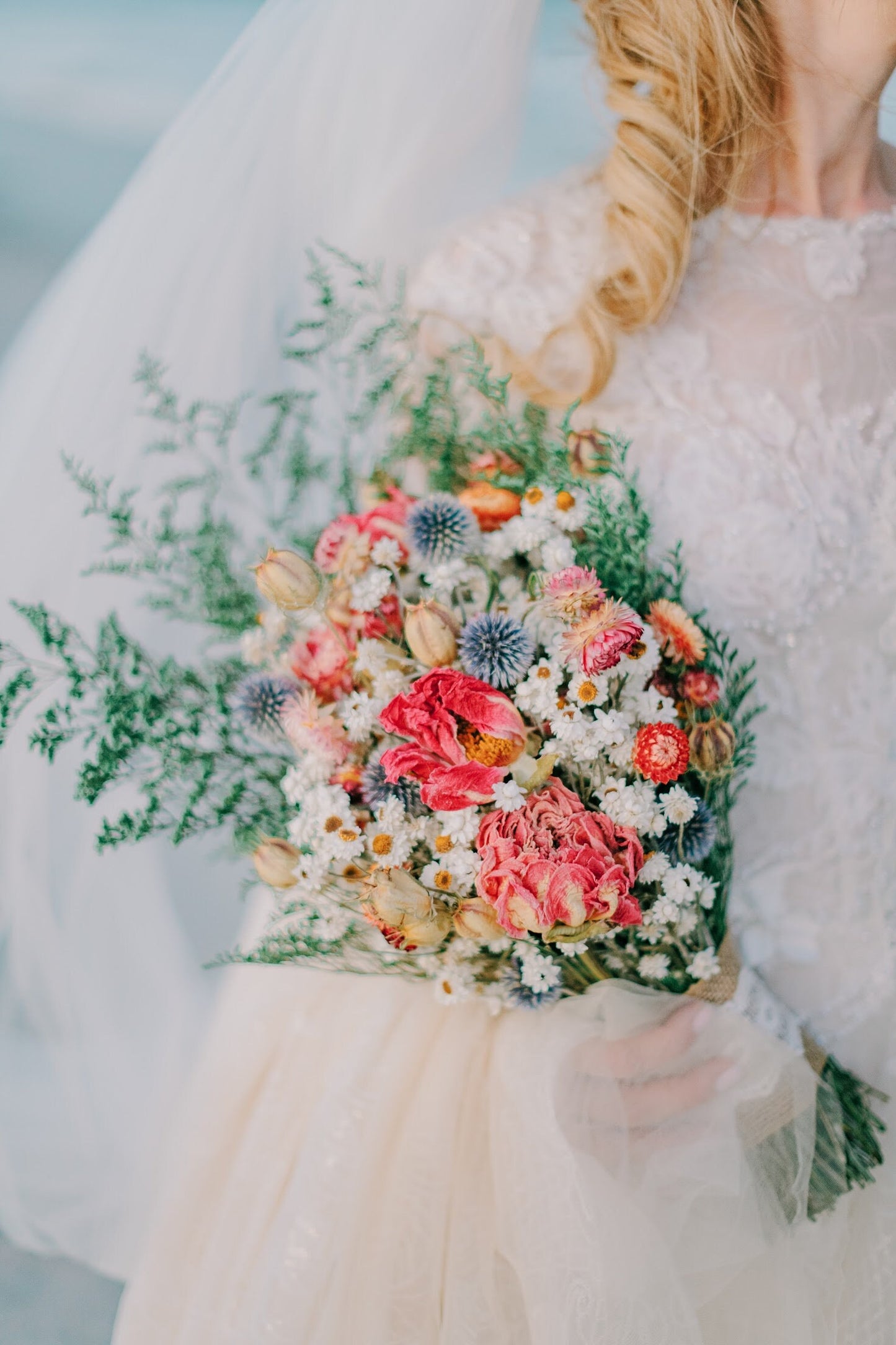 Wedding Bouquet, Dried Flowers, Preserved Floral, Bridal, Peonies, Strawflowers, Globe Thistles, Ammobium, Caspia, Nigella