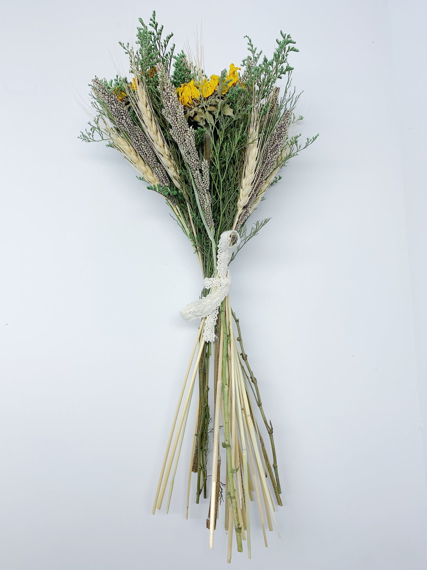 Sunflower Bouquet, Dried Flowers, Preserved, Lace Ribbon, Sunflower, Green Caspia, House Decoration, Wedding, Summer, Rustic
