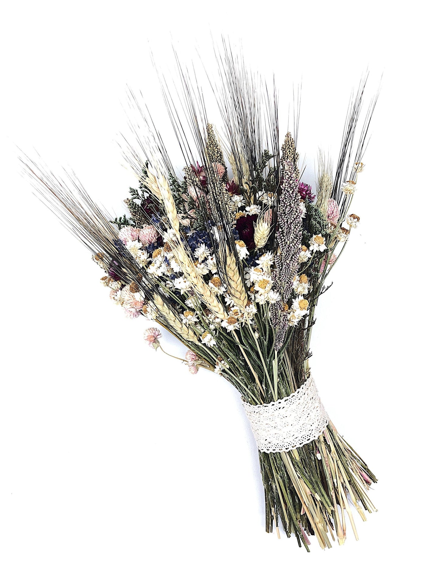 Wedding Bouquet, Floral Bouquet, Dried Flowers, Preserved Flowers, Ammobium, Globe Amaranth, Lavender, Wheat, Caspia, Strawflower, Bridal