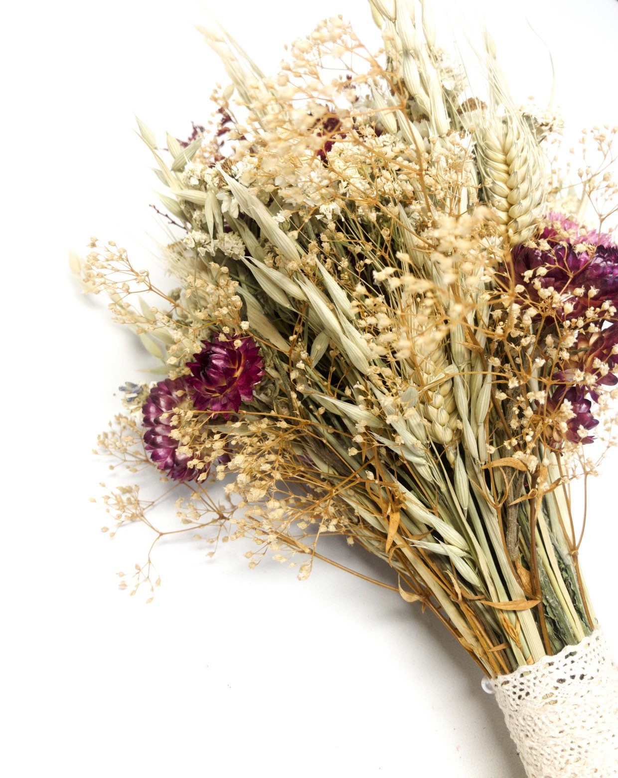 Fall Wedding Bouquet, Dried Flowers, Bridal, Strawflowers, Oats, Coxcomb, Celosia, Red, Burgundy, Beige, White, Simple, Gentle, Wheat