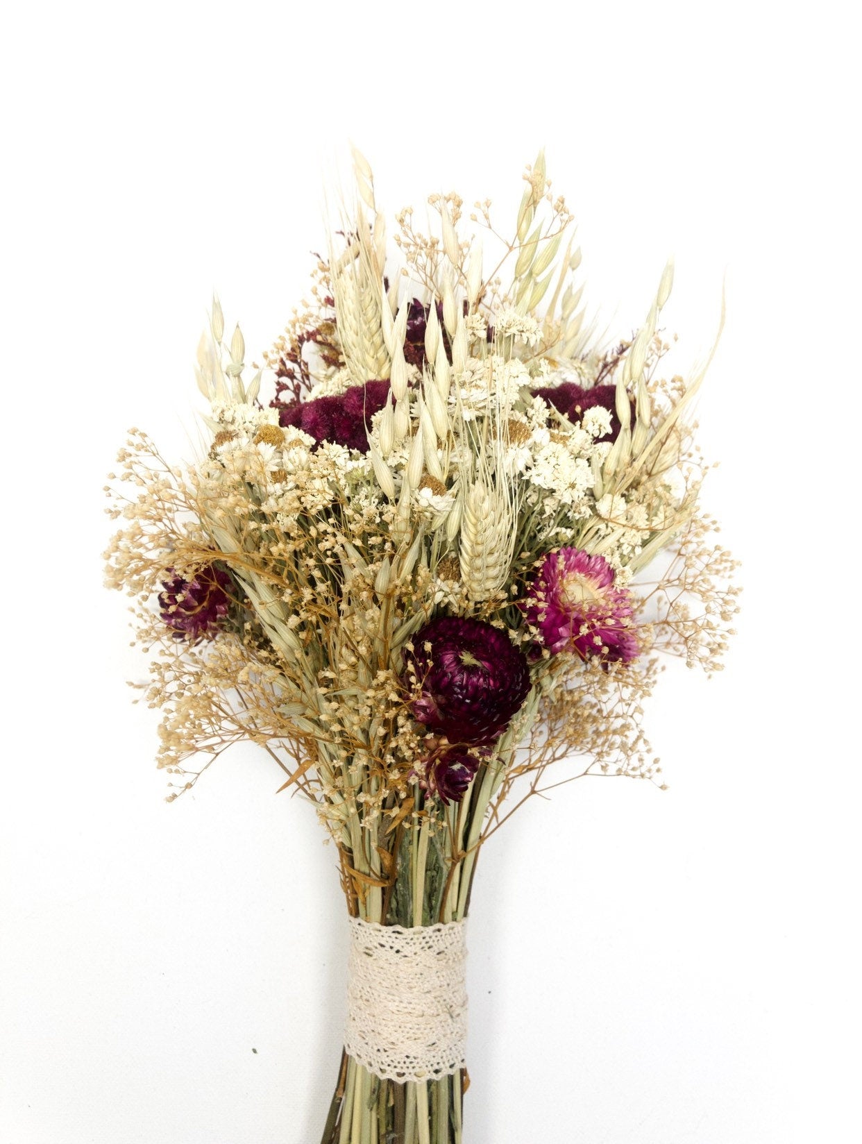 Fall Wedding Bouquet, Dried Flowers, Bridal, Strawflowers, Oats, Coxcomb, Celosia, Red, Burgundy, Beige, White, Simple, Gentle, Wheat