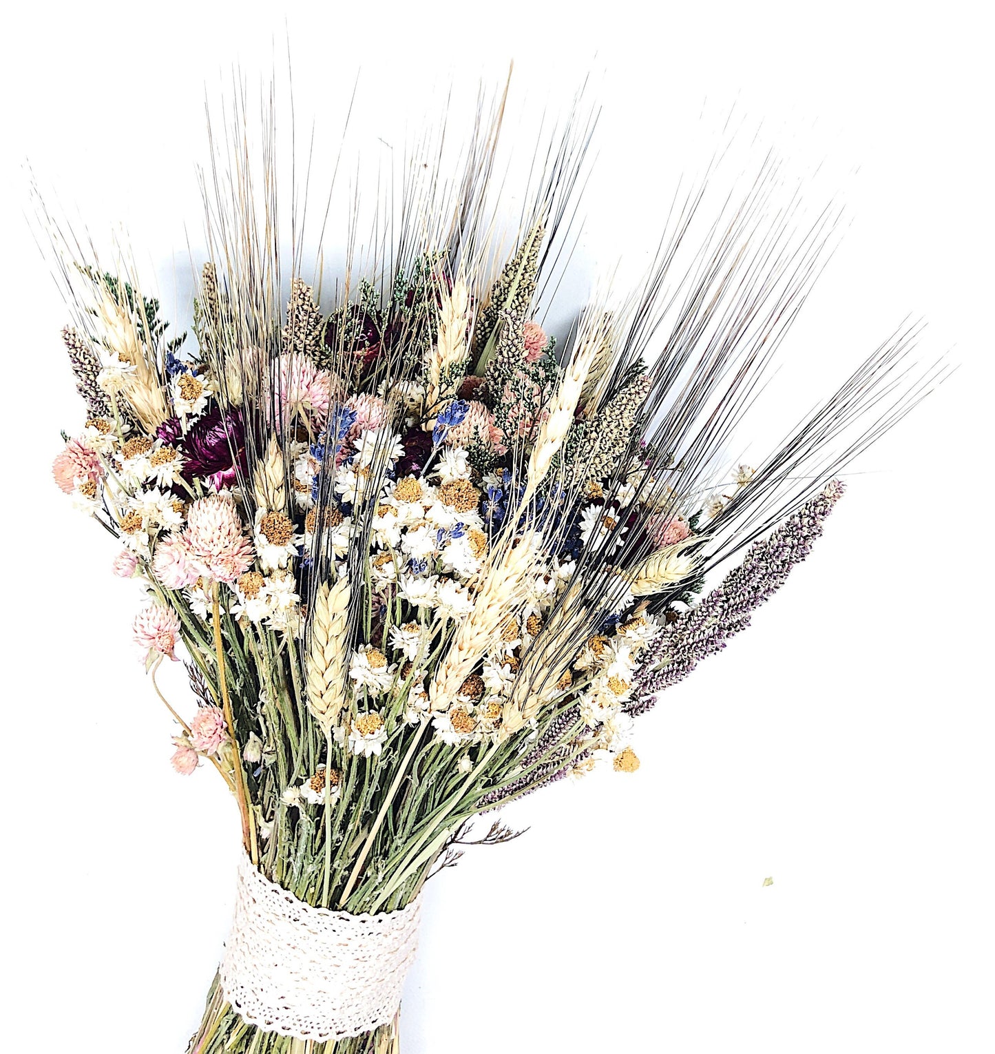 Wedding Bouquet, Floral Bouquet, Dried Flowers, Preserved Flowers, Ammobium, Globe Amaranth, Lavender, Wheat, Caspia, Strawflower, Bridal