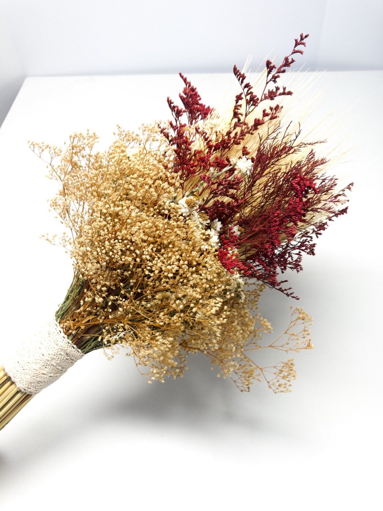 Fall Wedding Bouquet, Dried Flowers, Wheat, Ammobium, Mini Gyp, Red, Burgundy, Beige, White, Simple, Gentle, Wheat Autumn Summer