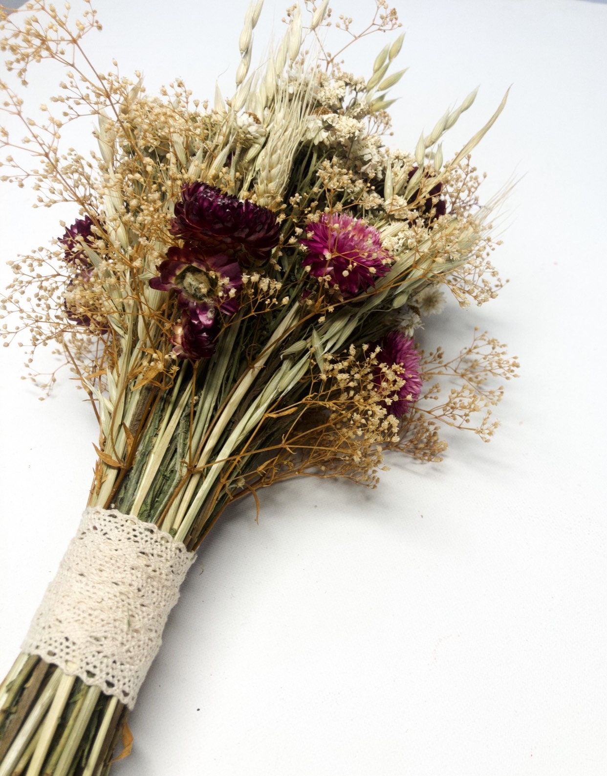 Fall Wedding Bouquet, Dried Flowers, Bridal, Strawflowers, Oats, Coxcomb, Celosia, Red, Burgundy, Beige, White, Simple, Gentle, Wheat