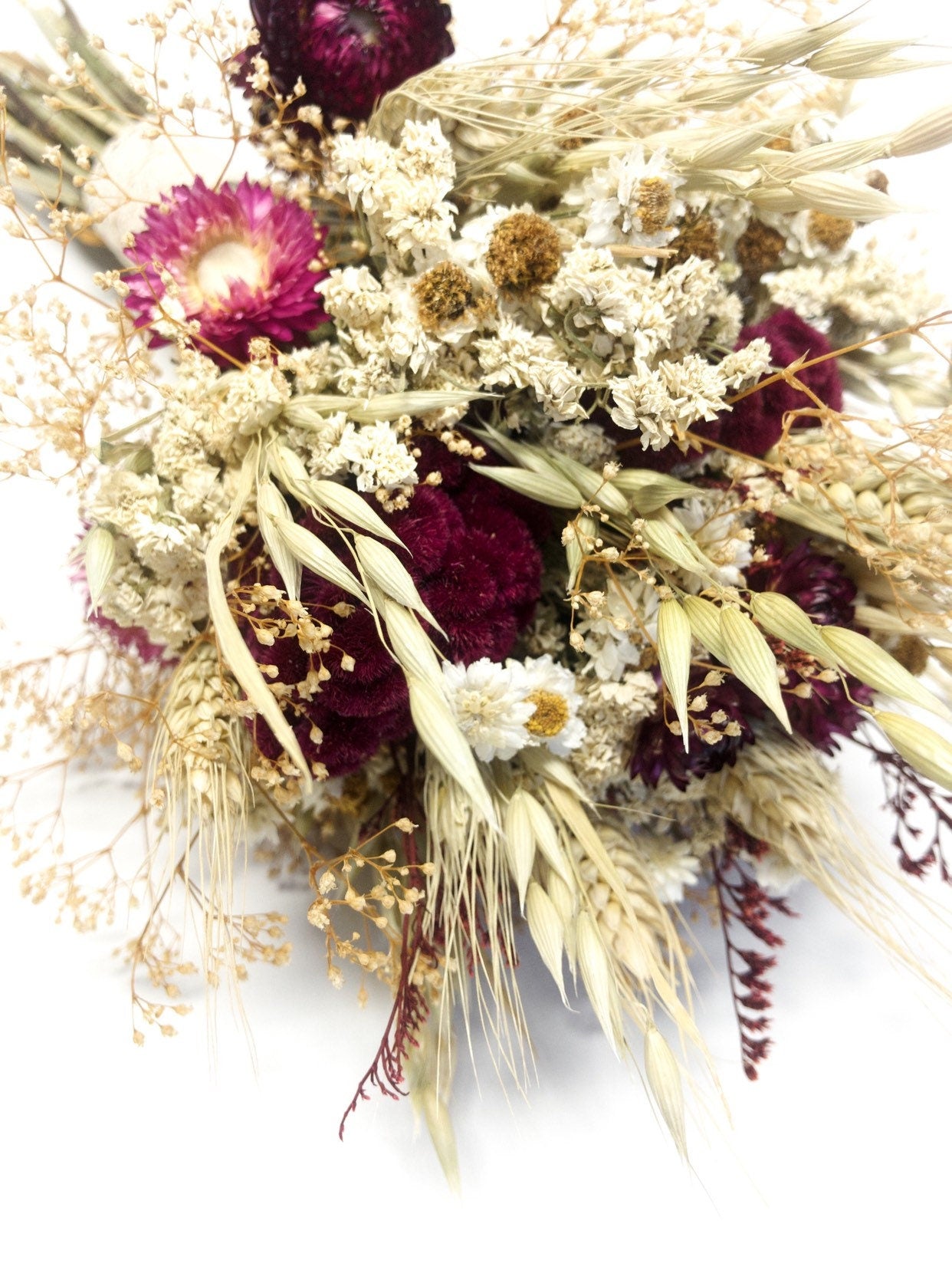 Fall Wedding Bouquet, Dried Flowers, Bridal, Strawflowers, Oats, Coxcomb, Celosia, Red, Burgundy, Beige, White, Simple, Gentle, Wheat