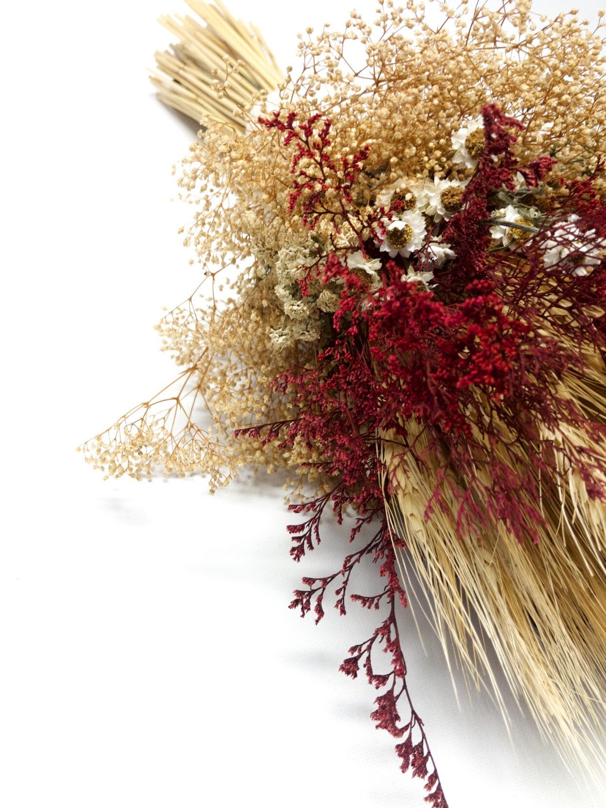 Fall Wedding Bouquet, Dried Flowers, Wheat, Ammobium, Mini Gyp, Red, Burgundy, Beige, White, Simple, Gentle, Wheat Autumn Summer