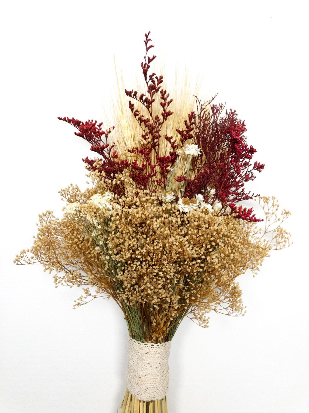 Fall Wedding Bouquet, Dried Flowers, Wheat, Ammobium, Mini Gyp, Red, Burgundy, Beige, White, Simple, Gentle, Wheat Autumn Summer