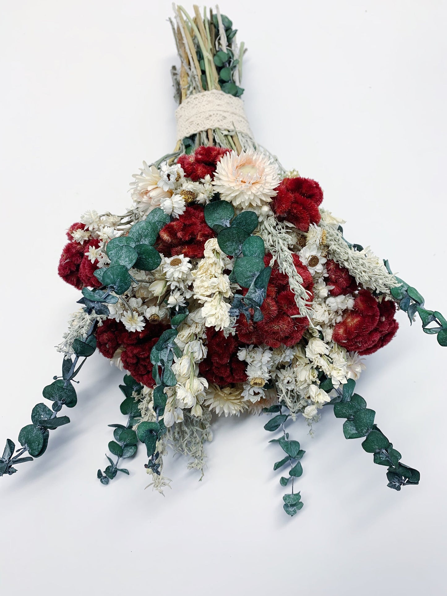 Wedding Bouquet, Dried Flowers, Preserved Floral, Ammobium, Coxcomb, Strawflower, Winter Bouquet, Eucalyptus, sliver king