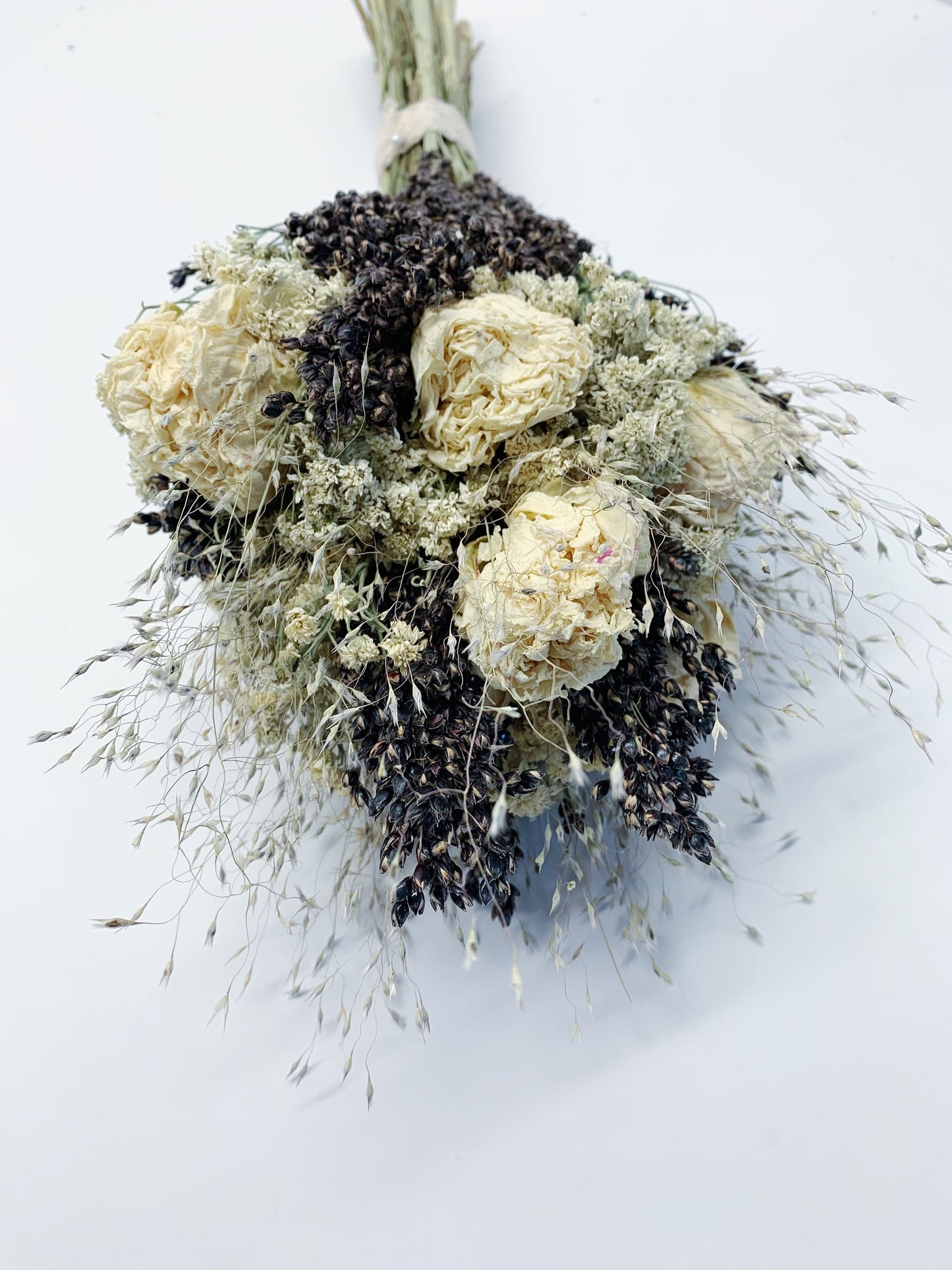 Wedding Bouquet, Dried Flowers, Presreved Black, white, Cream, White Peony, Achillea of Pearl, Indian Rice, Black Sorghum, bridal, Cream