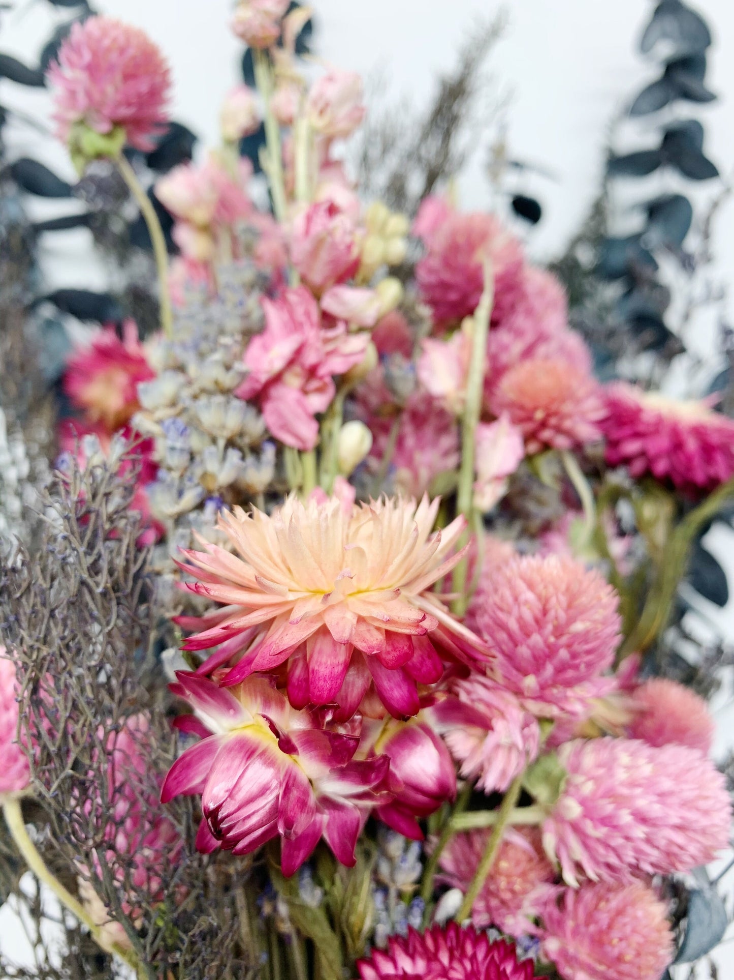 Valentine Bouquet, Dried flowers, Preserved Florals, Strawflowers, Bridal, Pink and Blue Bouquet, Eucalyptus, Lavender, Wedding,