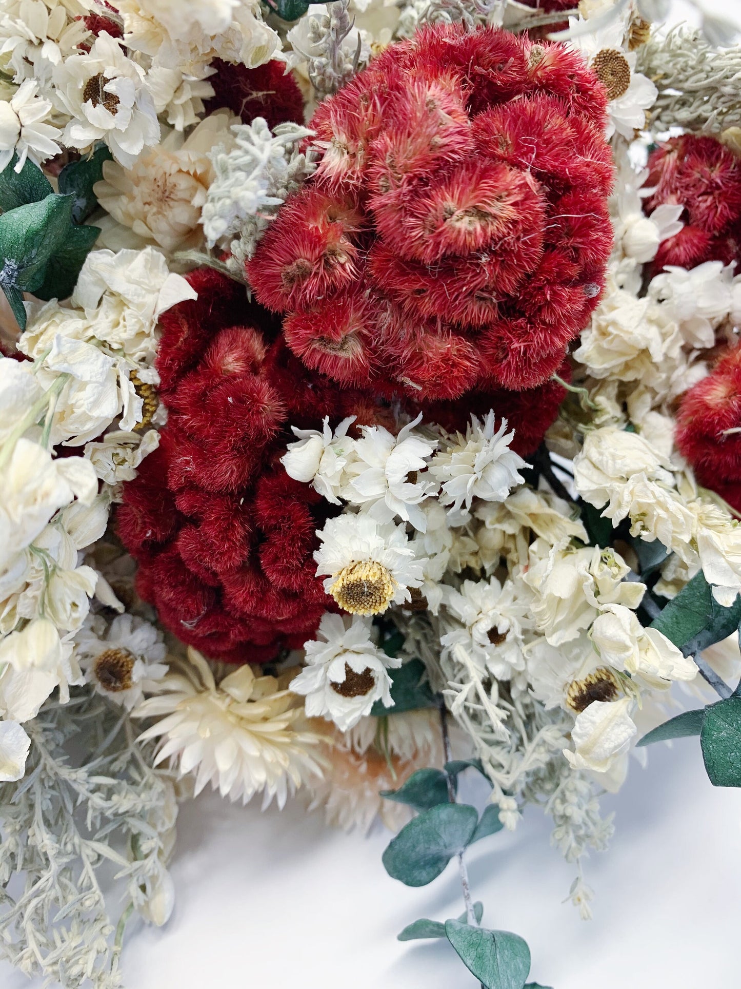 Wedding Bouquet, Dried Flowers, Preserved Floral, Ammobium, Coxcomb, Strawflower, Winter Bouquet, Eucalyptus, sliver king