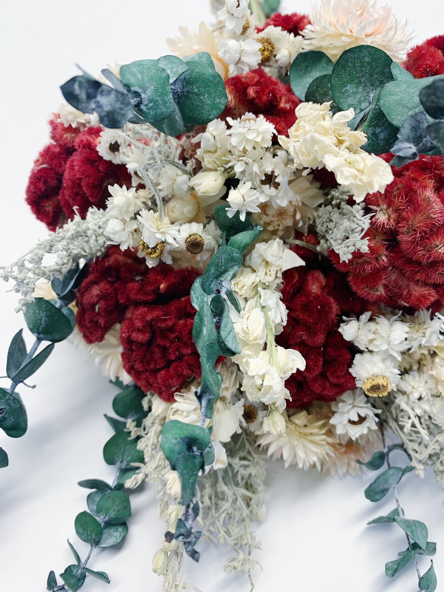 Wedding Bouquet, Dried Flowers, Preserved Floral, Ammobium, Coxcomb, Strawflower, Winter Bouquet, Eucalyptus, sliver king