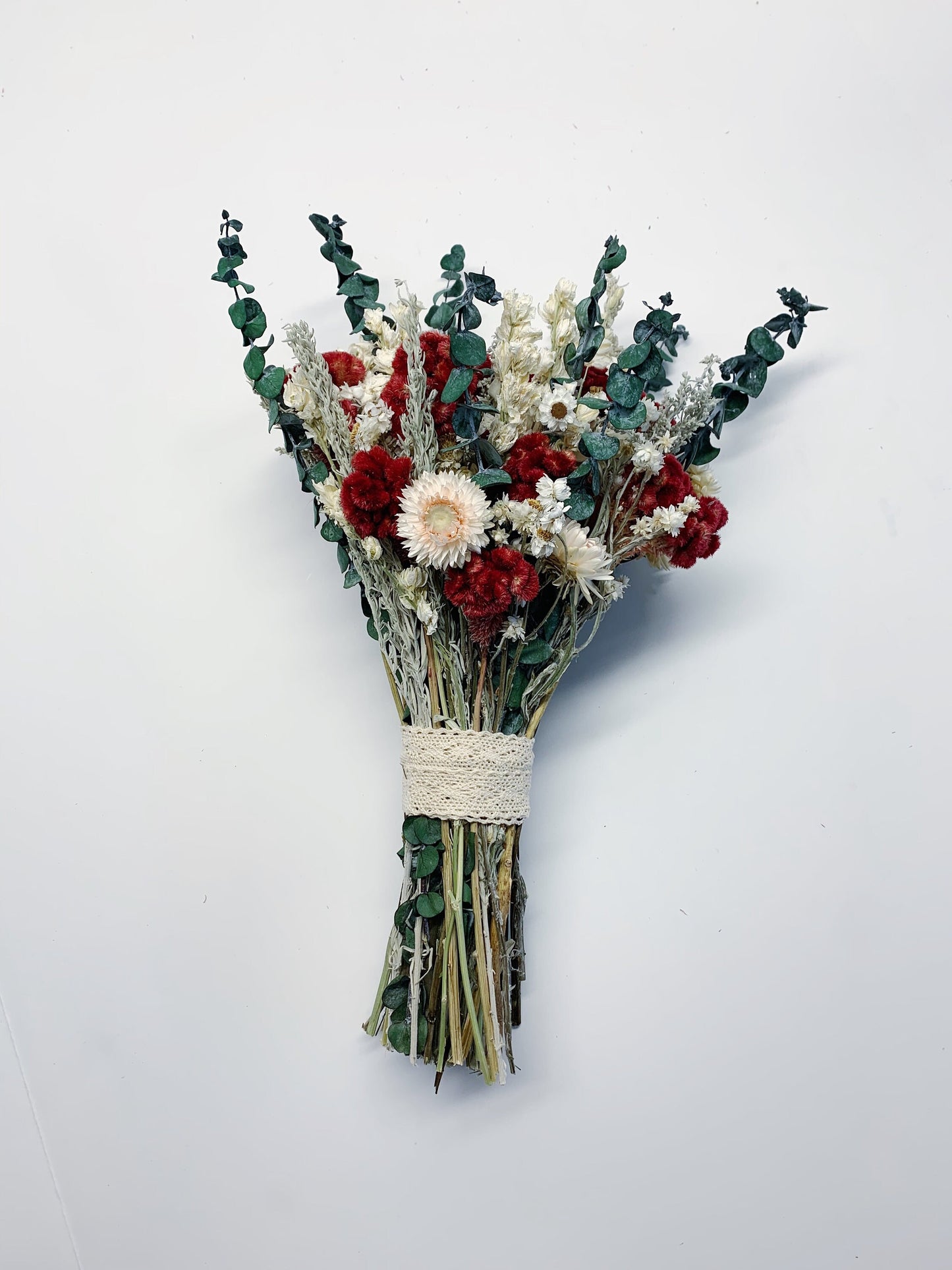 Wedding Bouquet, Dried Flowers, Preserved Floral, Ammobium, Coxcomb, Strawflower, Winter Bouquet, Eucalyptus, sliver king