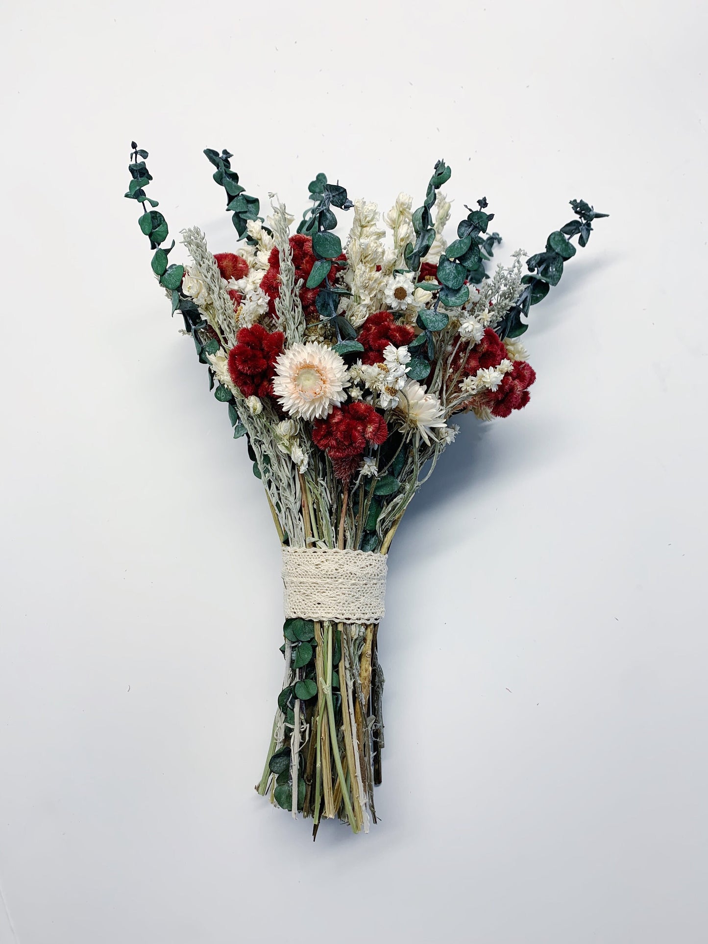 Wedding Bouquet, Dried Flowers, Preserved Floral, Ammobium, Coxcomb, Strawflower, Winter Bouquet, Eucalyptus, sliver king