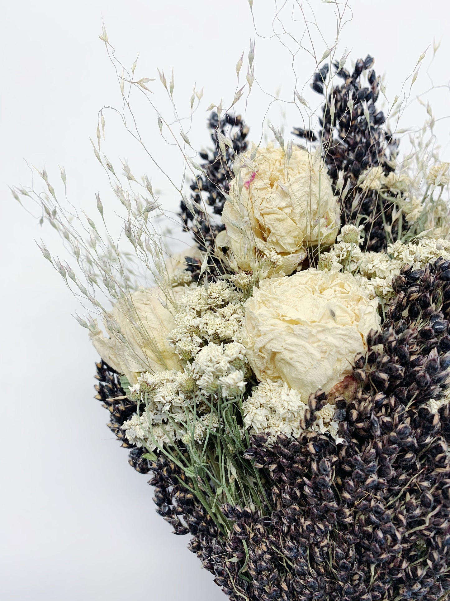 Wedding Bouquet, Dried Flowers, Presreved Black, white, Cream, White Peony, Achillea of Pearl, Indian Rice, Black Sorghum, bridal, Cream